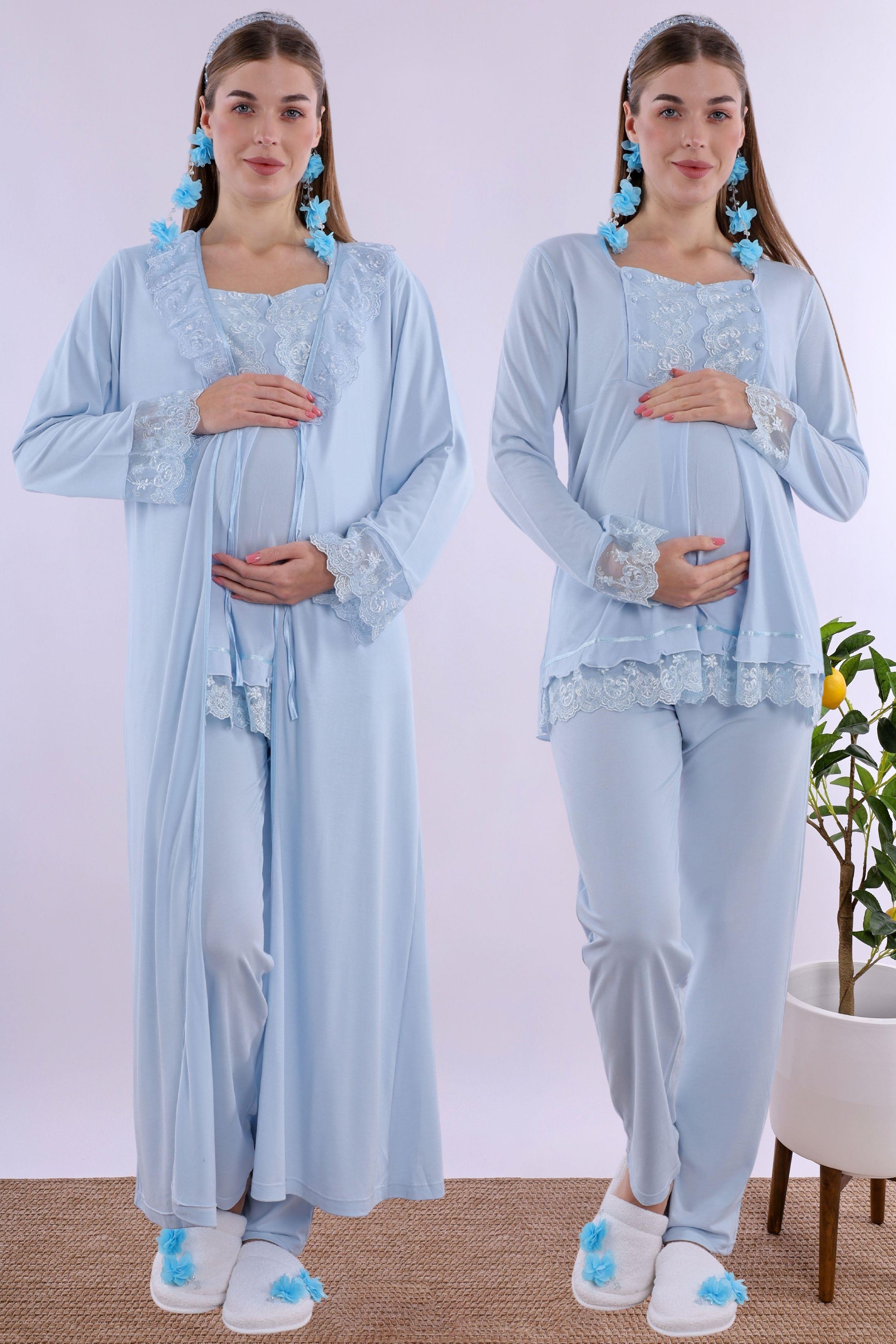 230472 Mavi Uzun Sabahlıklı Hamile Lohusa Pijama Takımı