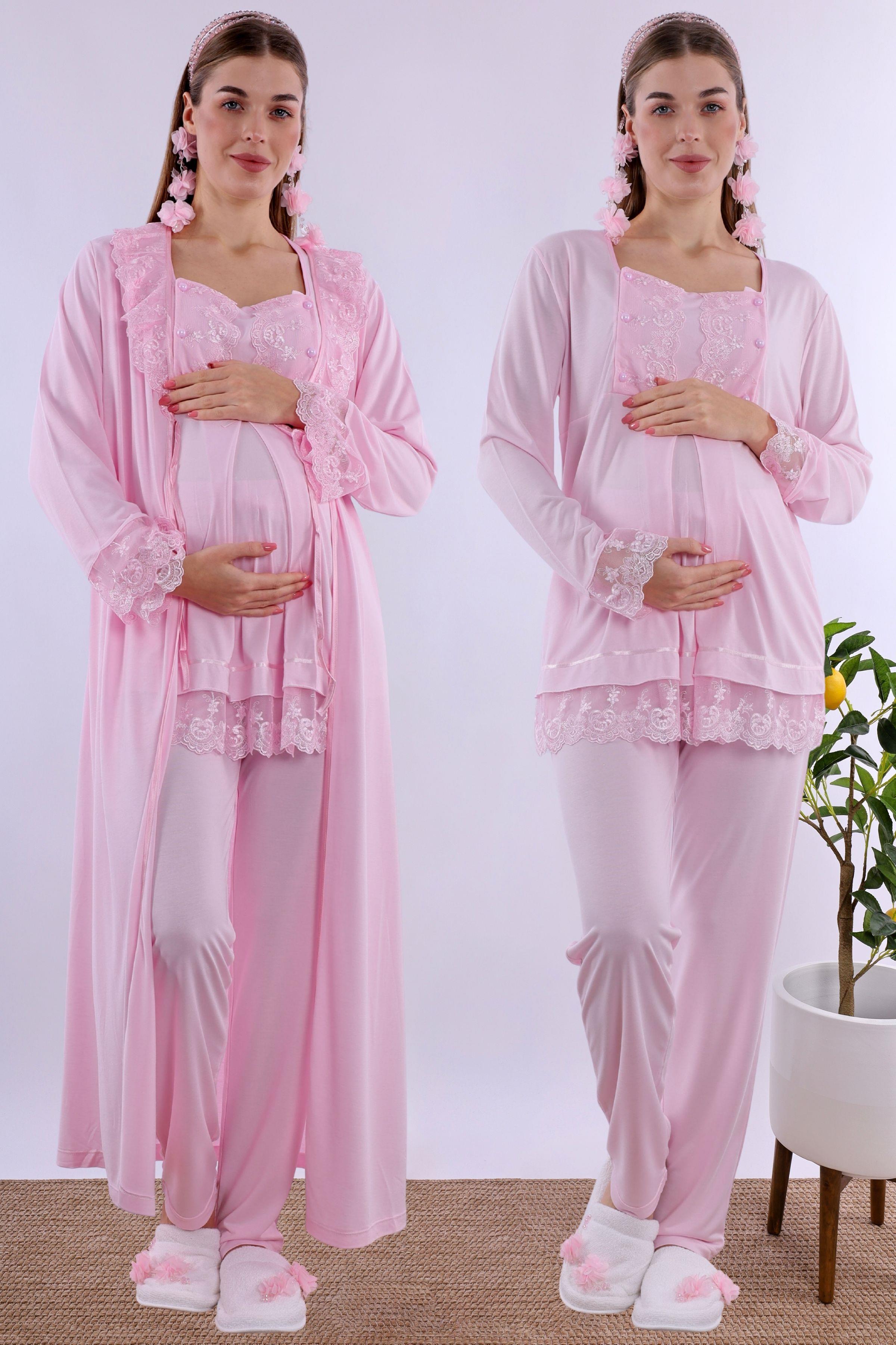 230472 Pembe Uzun Sabahlıklı Hamile Lohusa Pijama Takımı