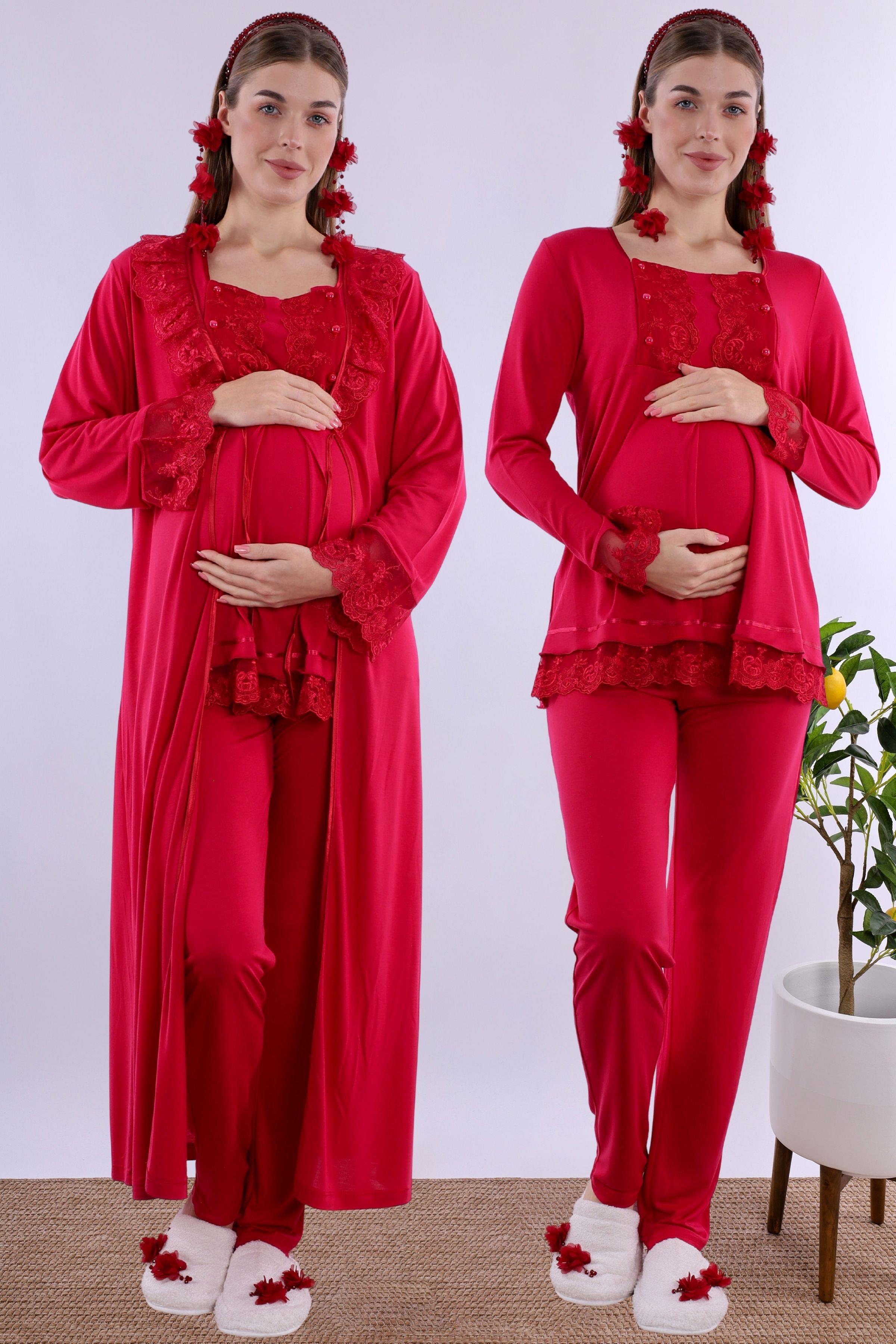 230472 Vişne Uzun Sabahlıklı Hamile Lohusa Pijama Takımı