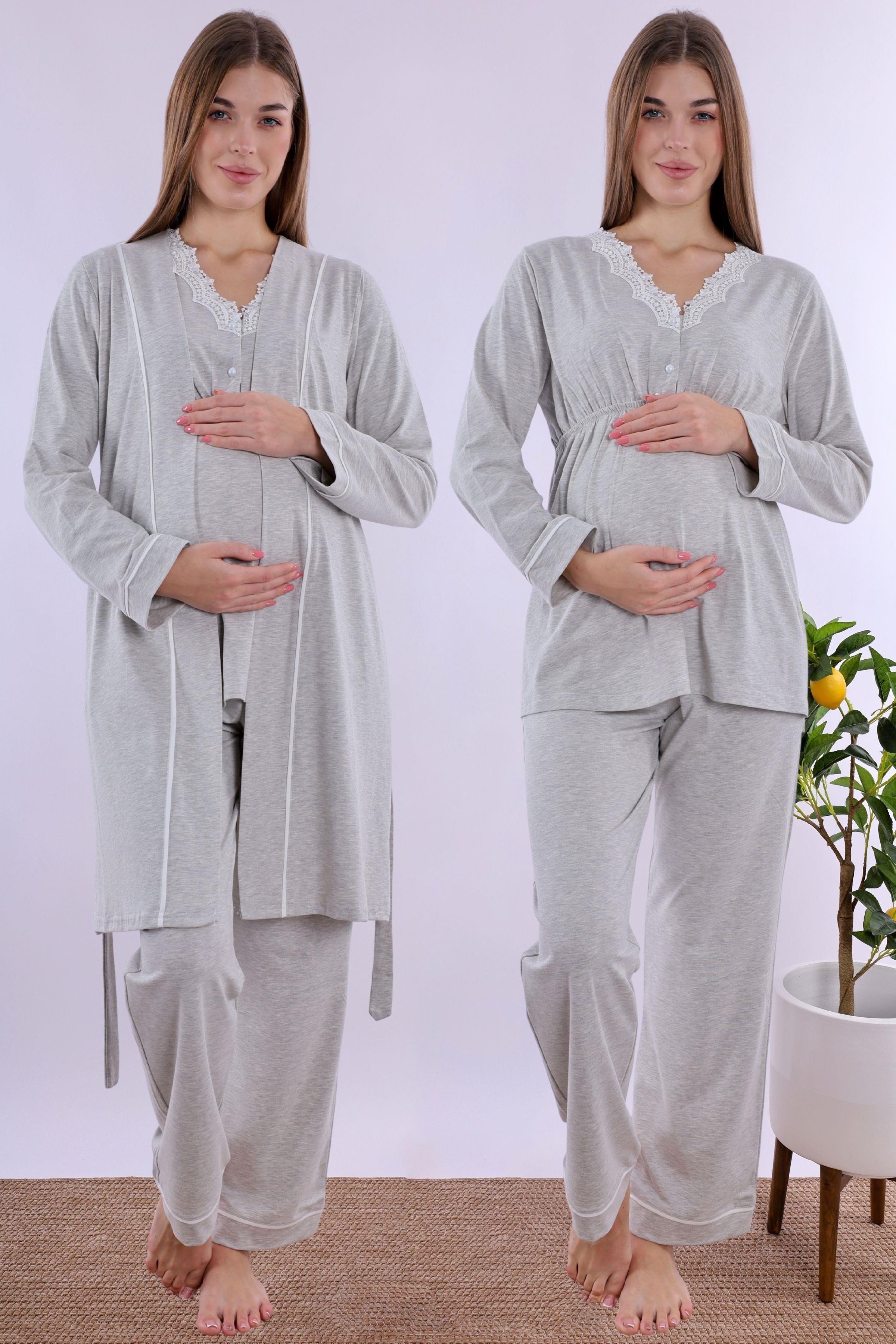 230542 Açık Gri Sabahlıklı Hamile Lohusa Pijama Takımı