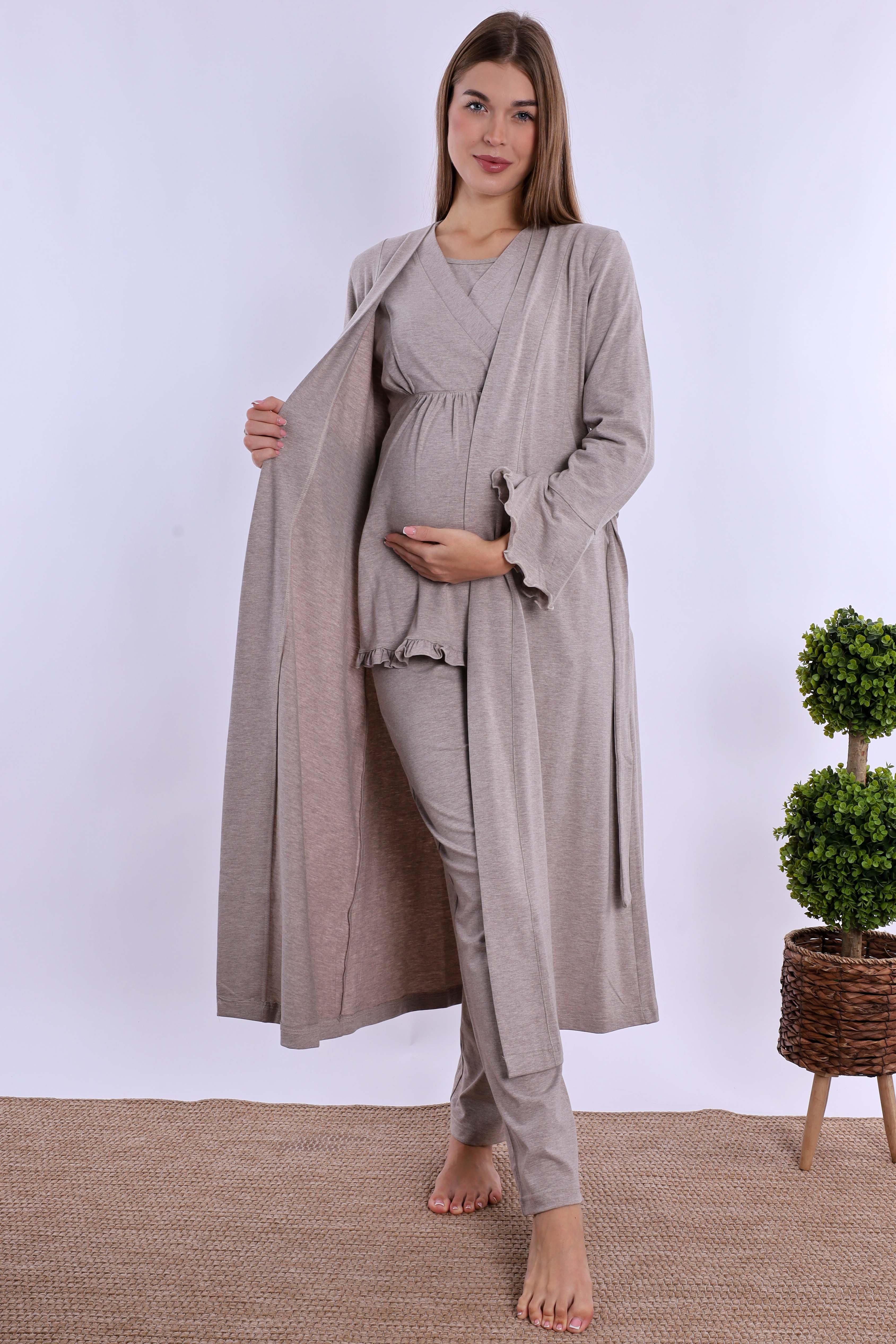 240442 Bej Sabahlıklı Hamile Lohusa Pijama Takımı