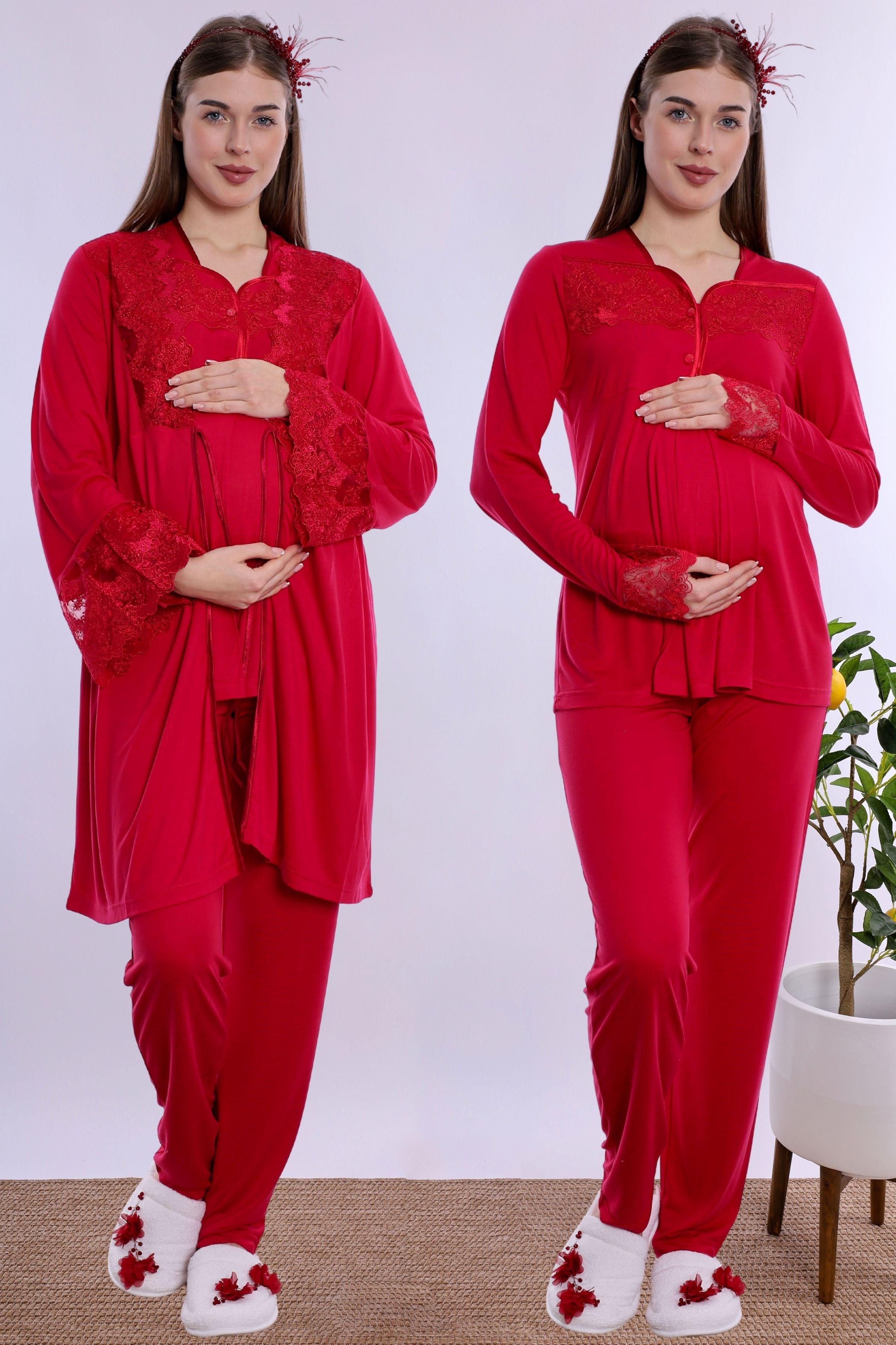 240842 Emzirme Özellikli Sabahlıklı Hamile Lohusa Pijama Takımı  - Vişne