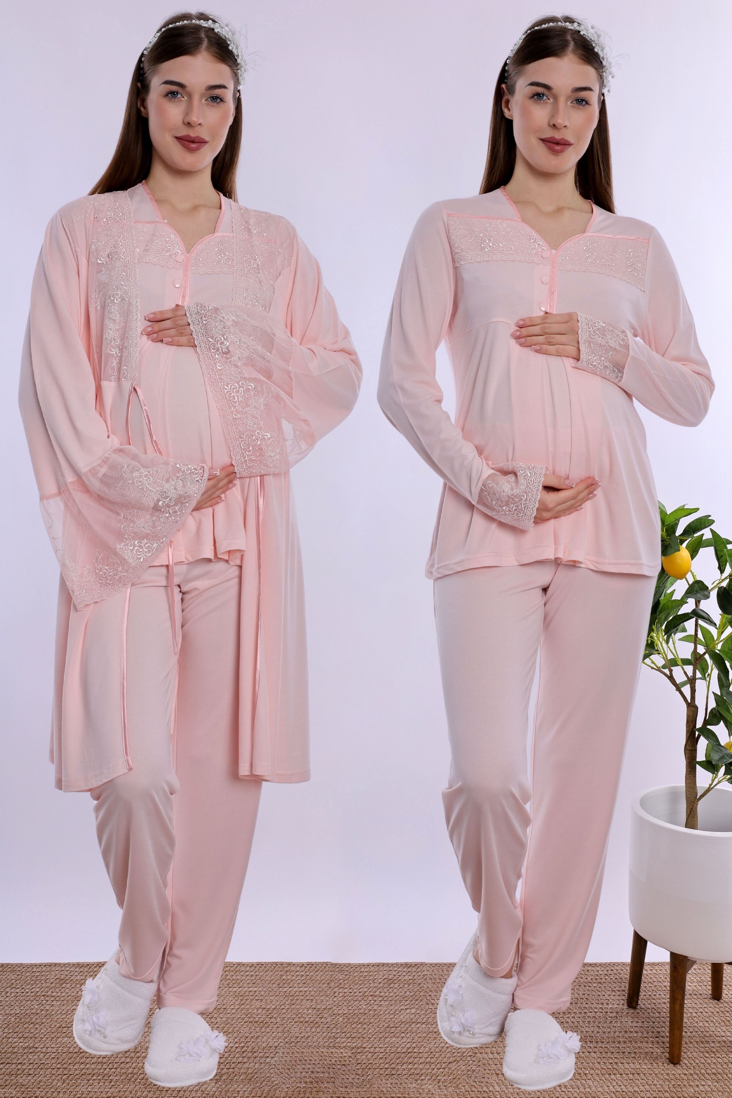 240842 Emzirme Özellikli Sabahlıklı Hamile Lohusa Pijama Takımı  - Pudra