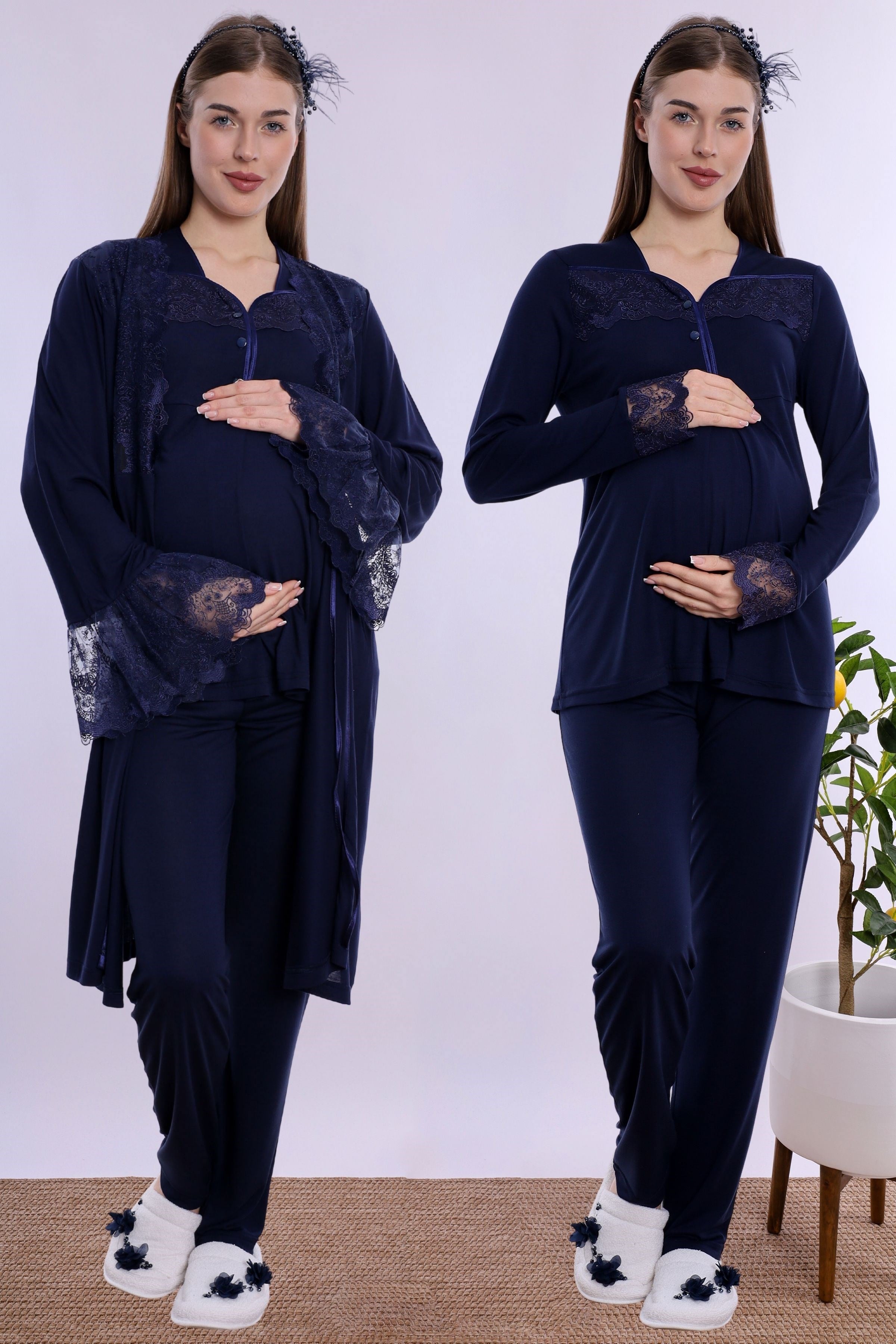 240842 Emzirme Özellikli Sabahlıklı Hamile Lohusa Pijama Takımı  - Lacivert