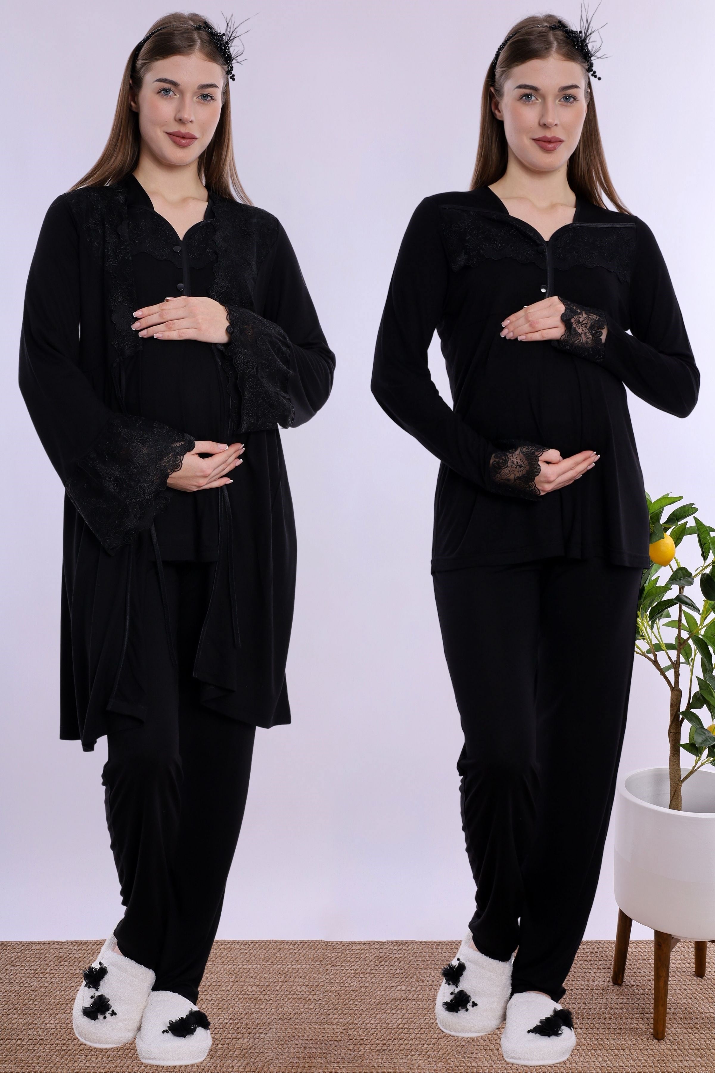 240842 Emzirme Özellikli Sabahlıklı Hamile Lohusa Pijama Takımı  - Siyah