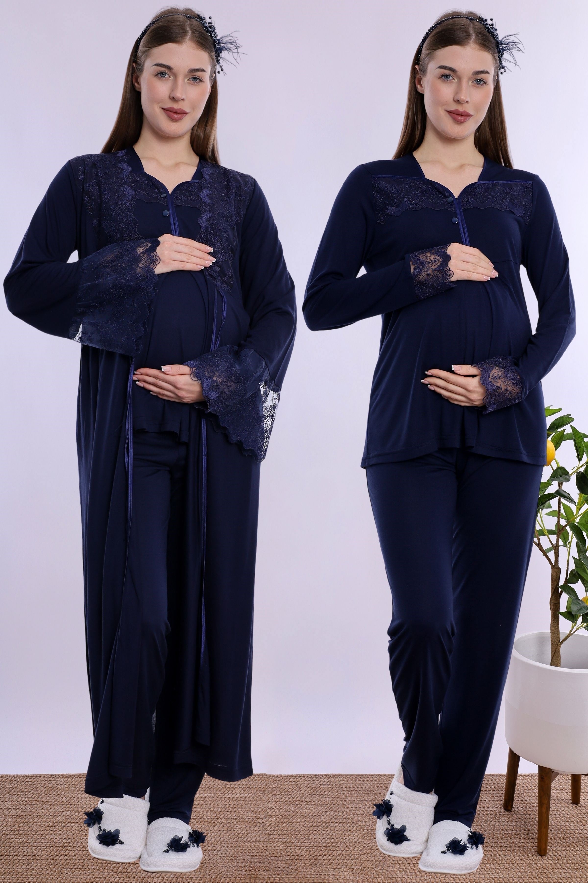 240872 Pamuklu Uzun Sabahlıklı Hamile Lohusa Emzirme Pijama Takımı  - Lacivert