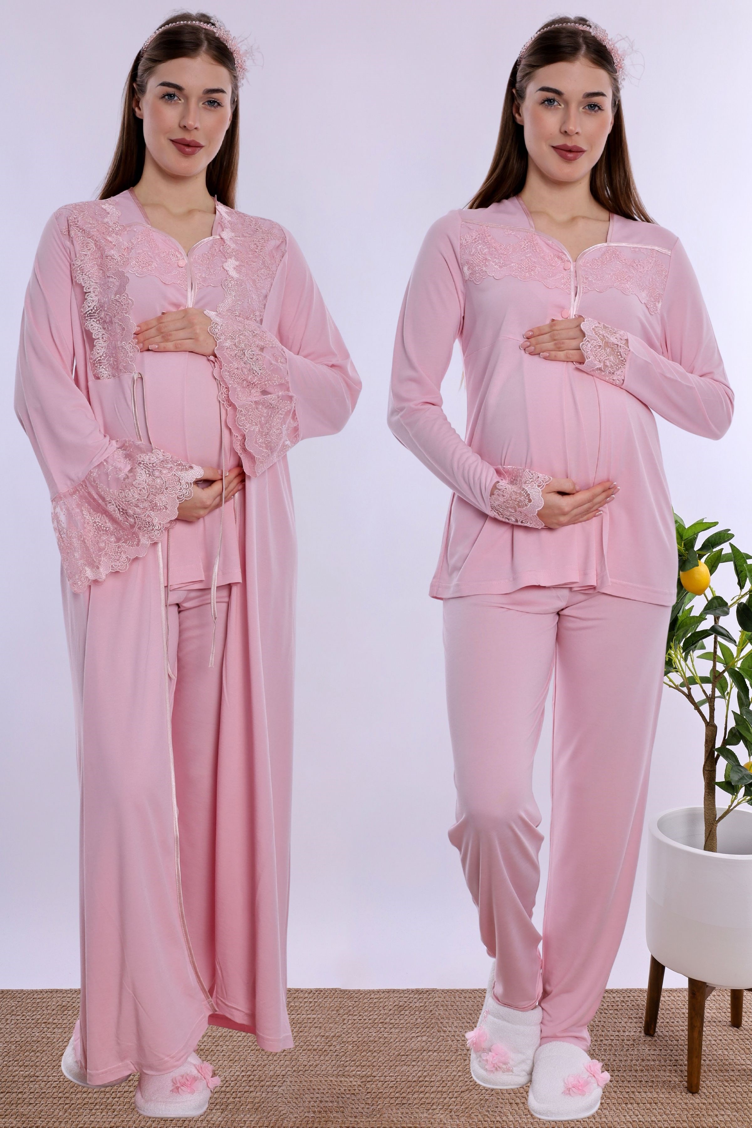 240872 Pamuklu Uzun Sabahlıklı Hamile Lohusa Emzirme Pijama Takımı  - Pembe