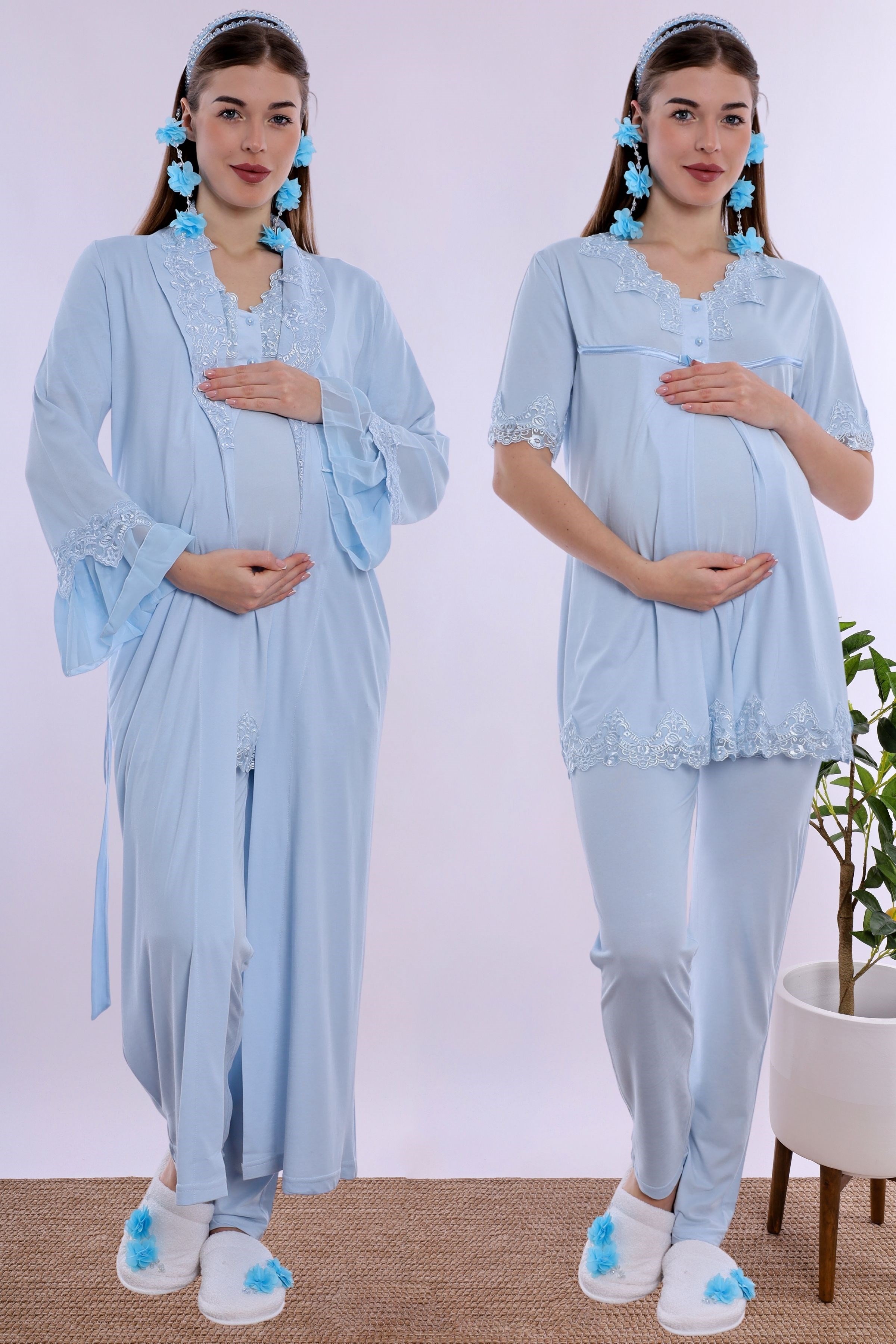 250342 Doğum Öncesi ve Sonrası Emzirme Özellikli Sabahlıklı Lohusa Pijama Takımı  - Mavi