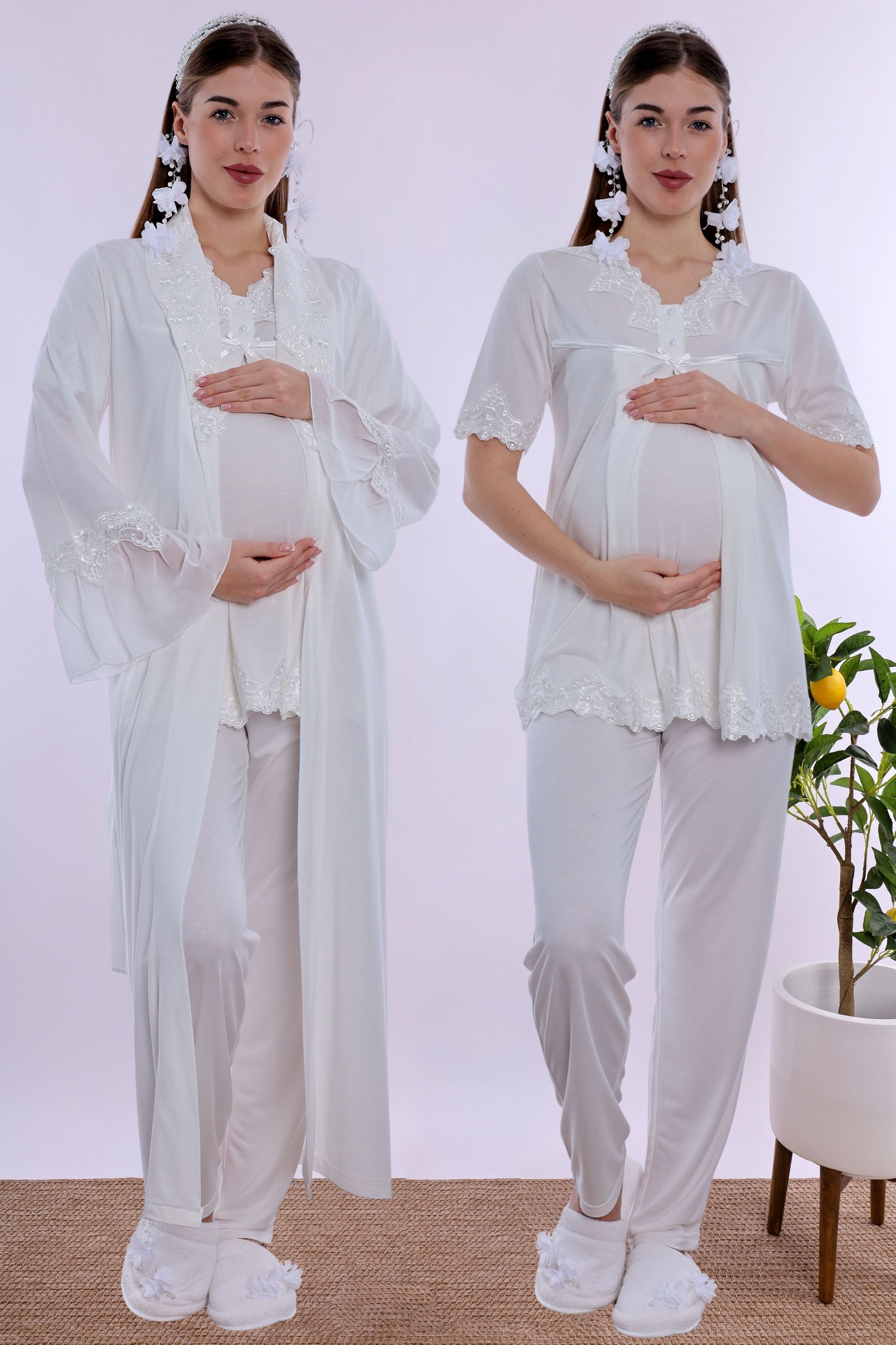 250342 Doğum Öncesi ve Sonrası Emzirme Özellikli Sabahlıklı Lohusa Pijama Takımı  - Ekru