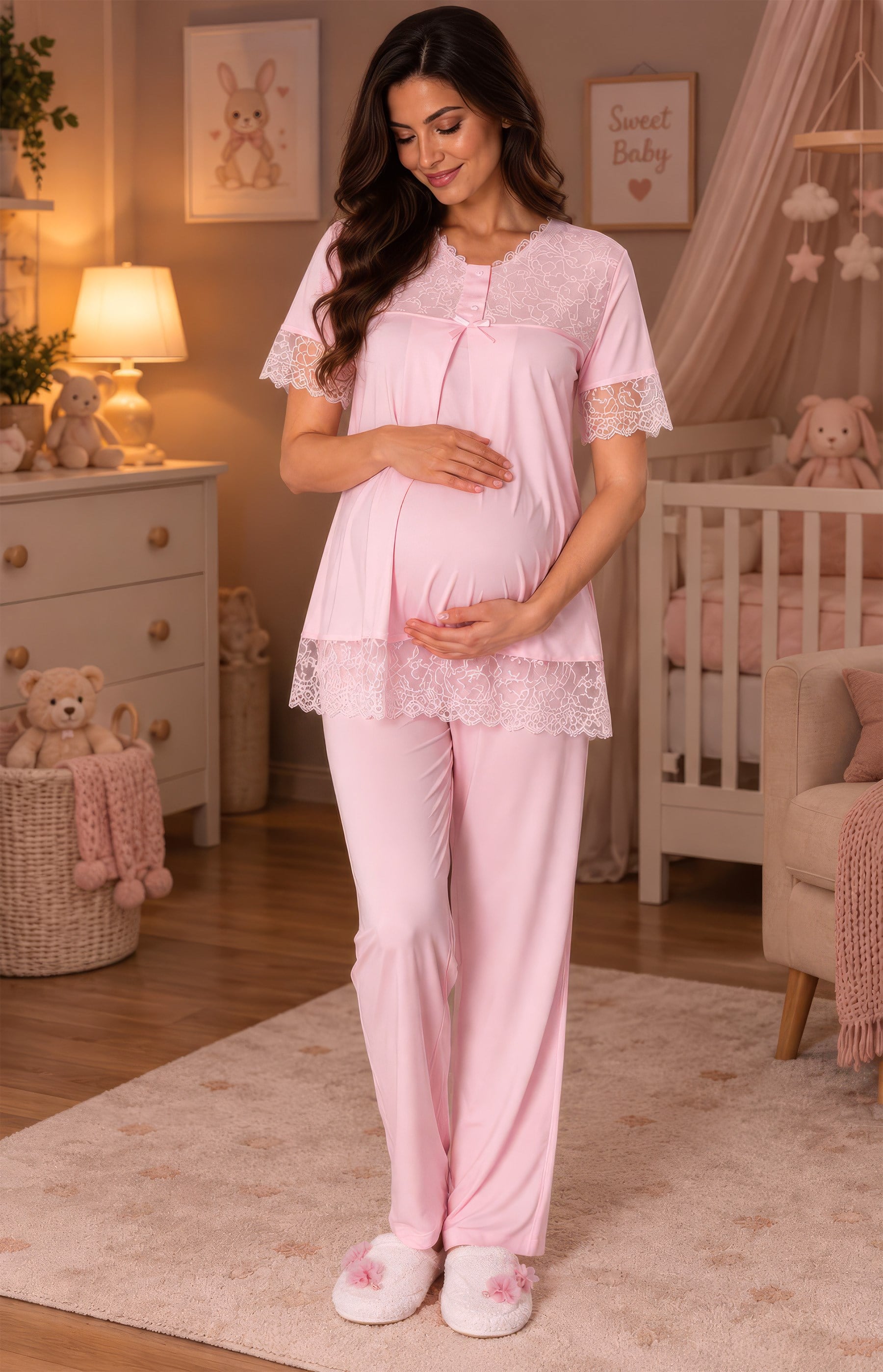 250422 Pembe Emzirme Özellikli Pamuklu Hamile Lohusa Pijama Takımı – Lastikli Bel
