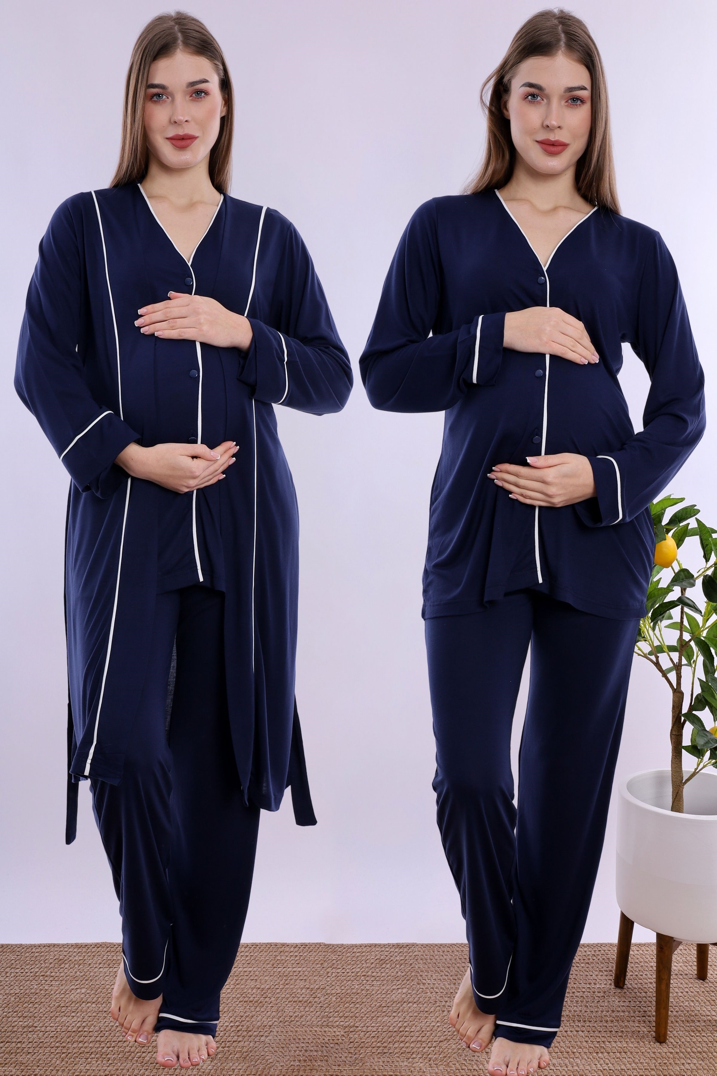 250742 Yumuşak Dokulu Pamuklu Sabahlıklı Hamile Lohusa Pijama Takımı  - Lacivert