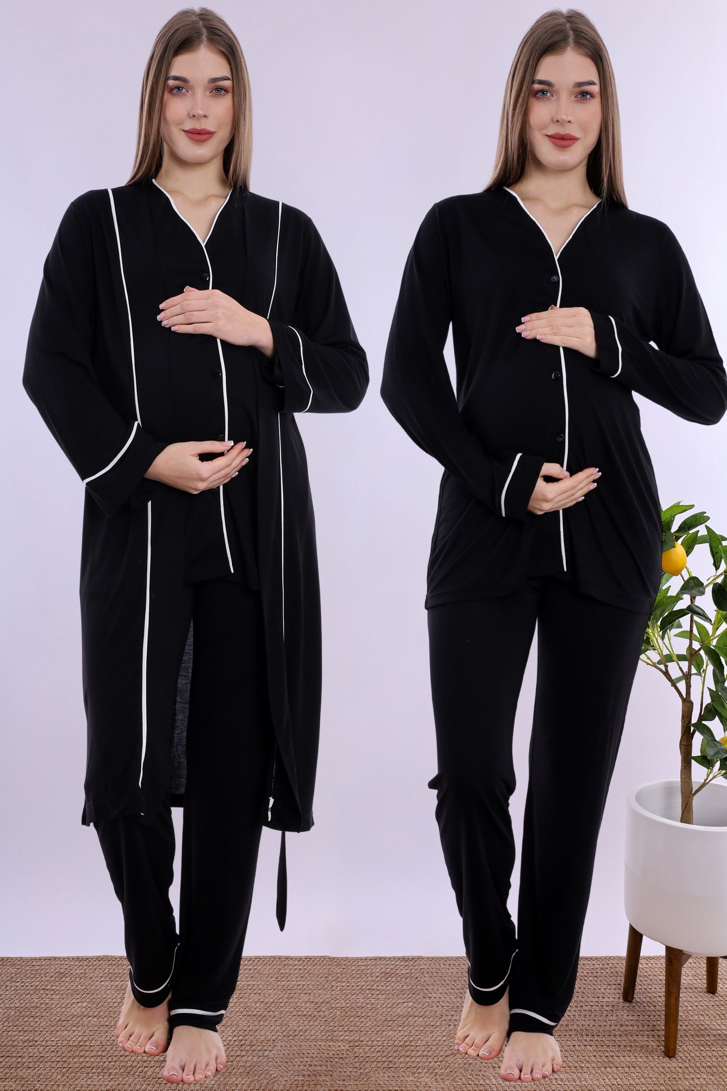 250742 Yumuşak Dokulu Pamuklu Sabahlıklı Hamile Lohusa Pijama Takımı  - Siyah