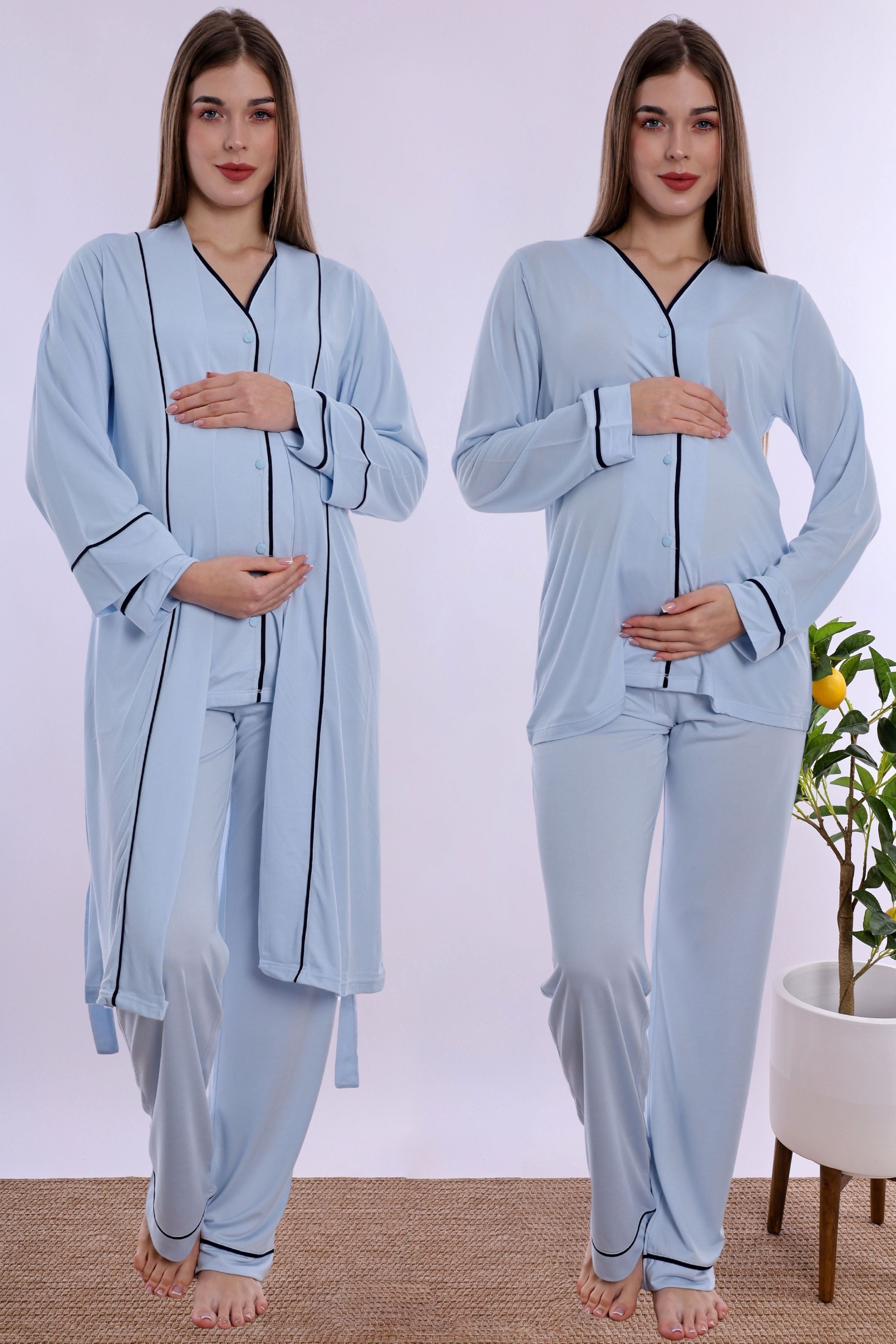 250742 Yumuşak Dokulu Pamuklu Sabahlıklı Hamile Lohusa Pijama Takımı  - Mavi
