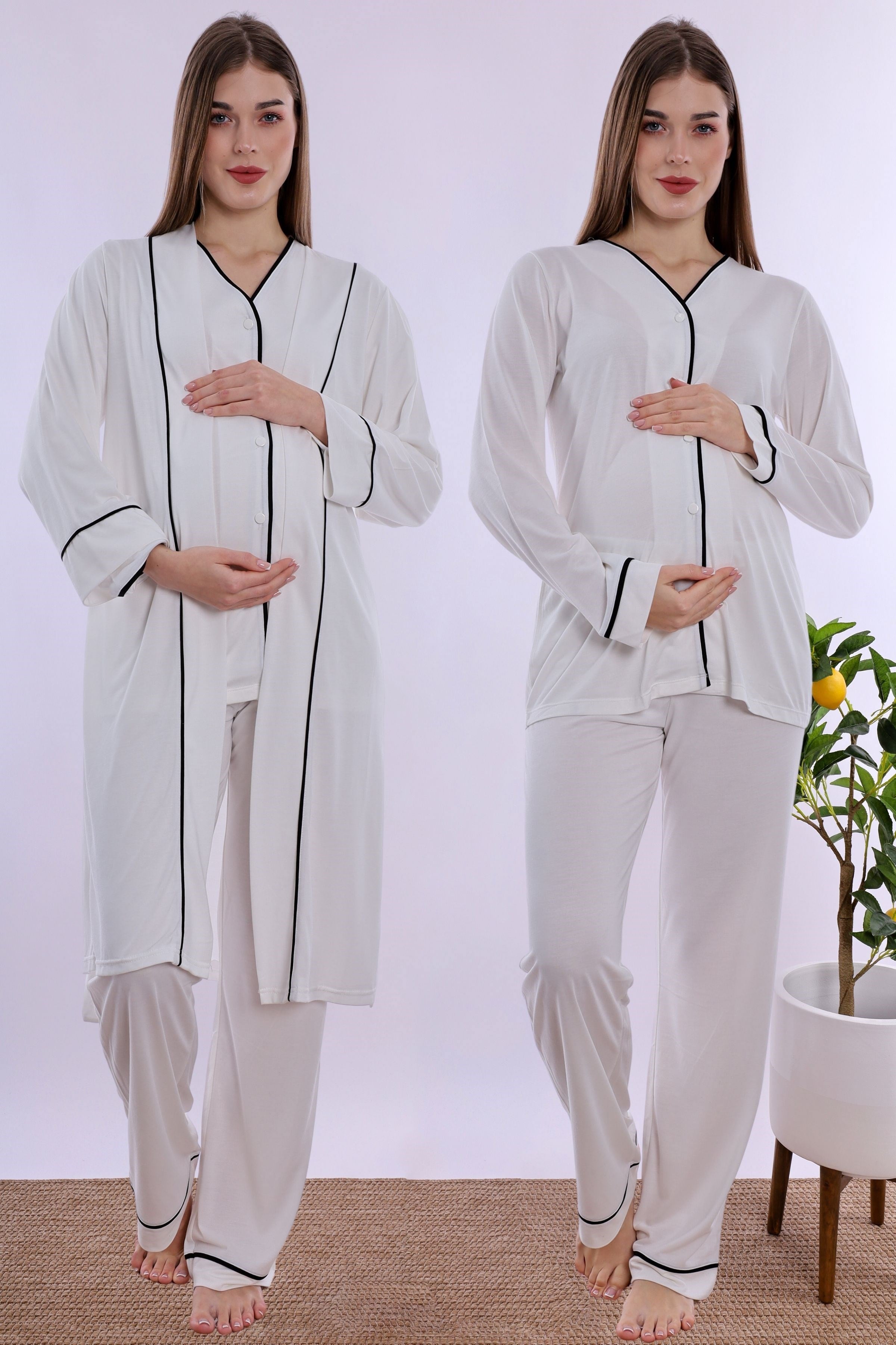 250742 Yumuşak Dokulu Pamuklu Sabahlıklı Hamile Lohusa Pijama Takımı  - Ekru