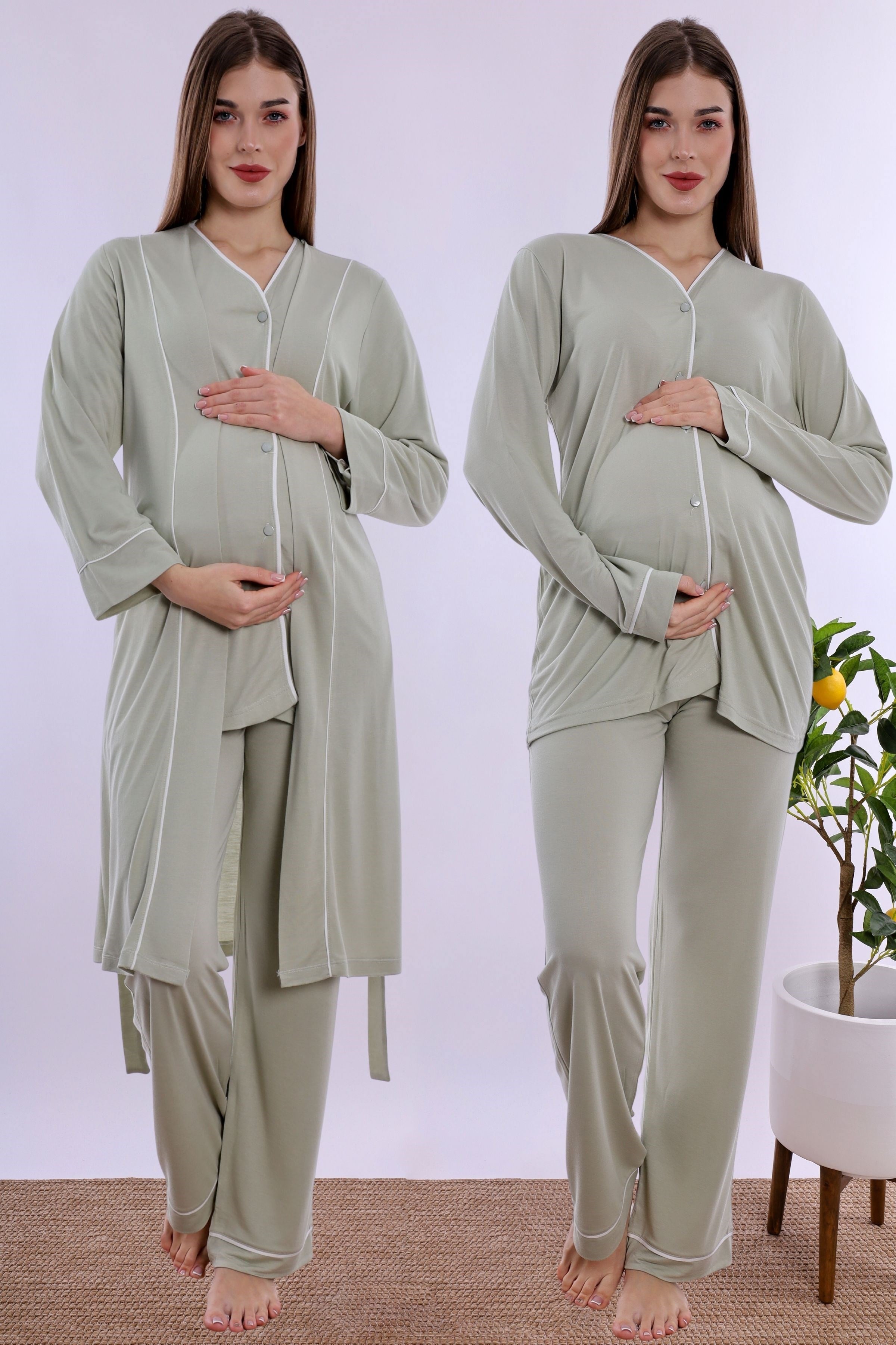 250742 Yumuşak Dokulu Pamuklu Sabahlıklı Hamile Lohusa Pijama Takımı  - Yeşil