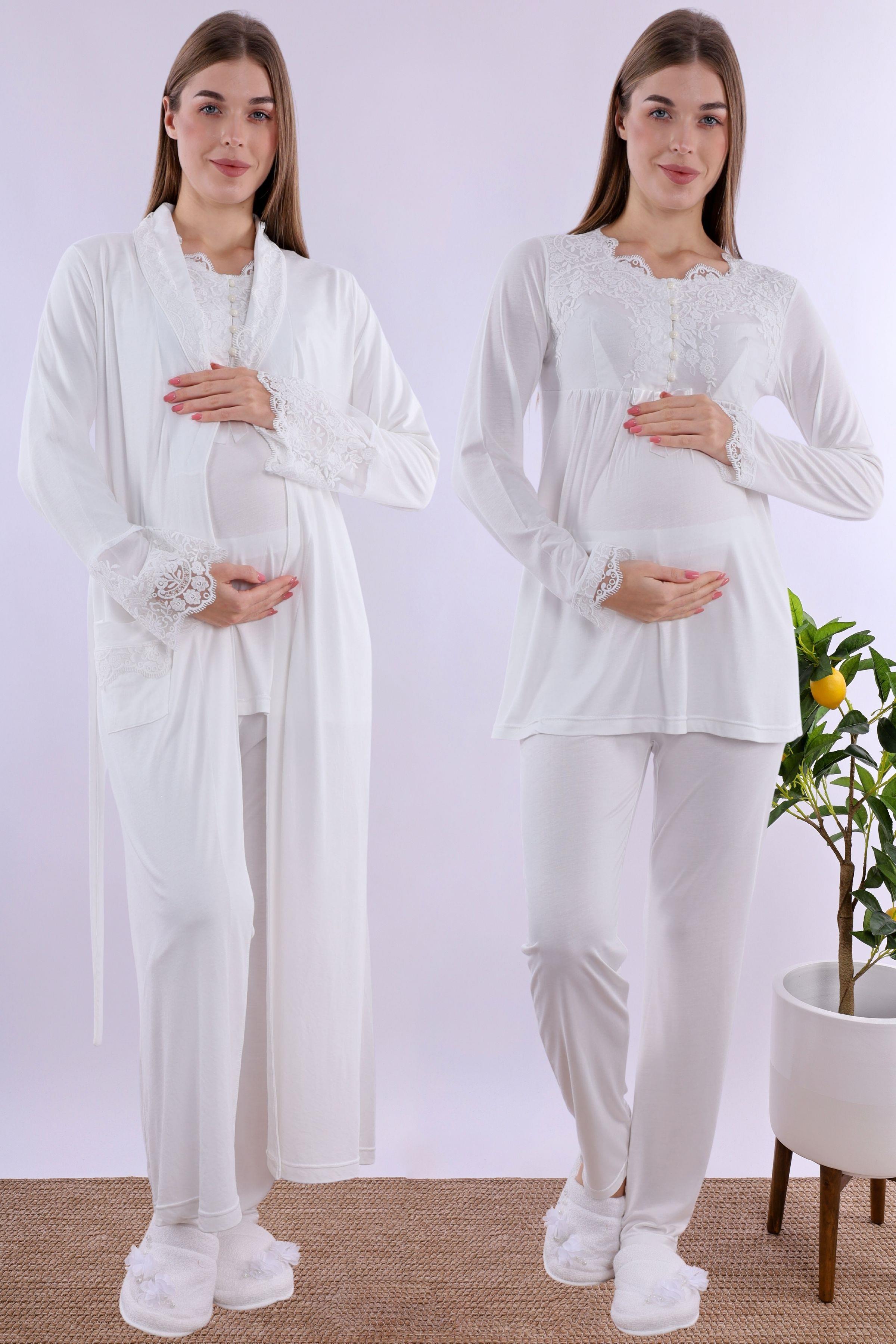 254162 Ekru Sabahlıklı Hamile Lohusa Pijama Takımı