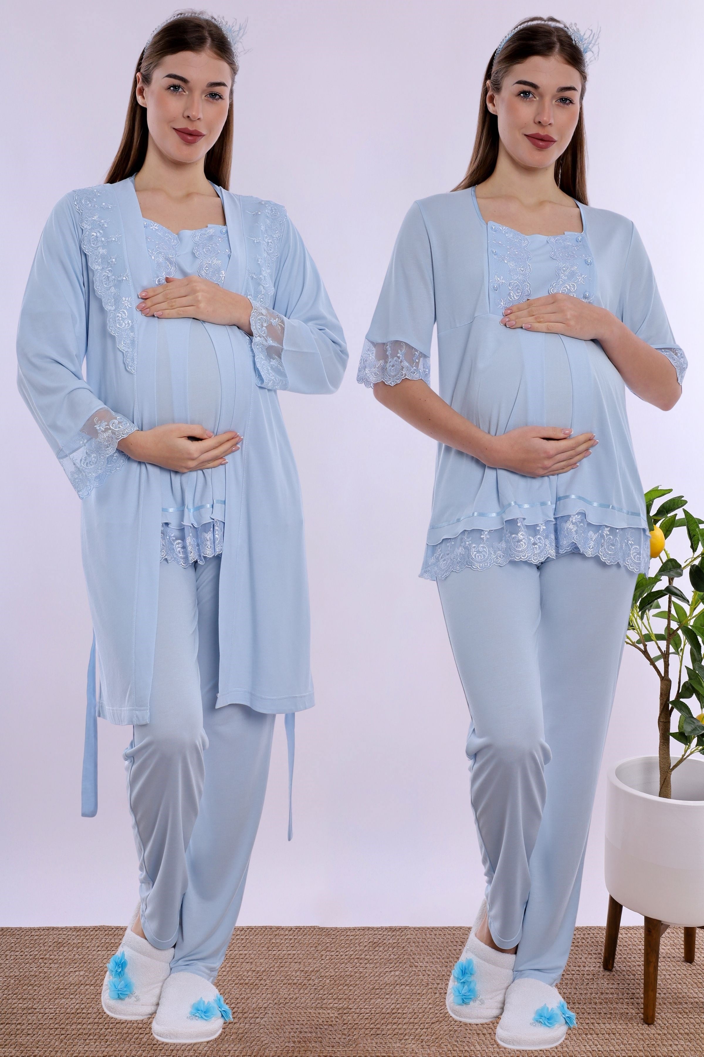 260342 Ayarlanabilir Bel Lastikli Sabahlıklı Hamile Lohusa Pijama Takımı  - Mavi