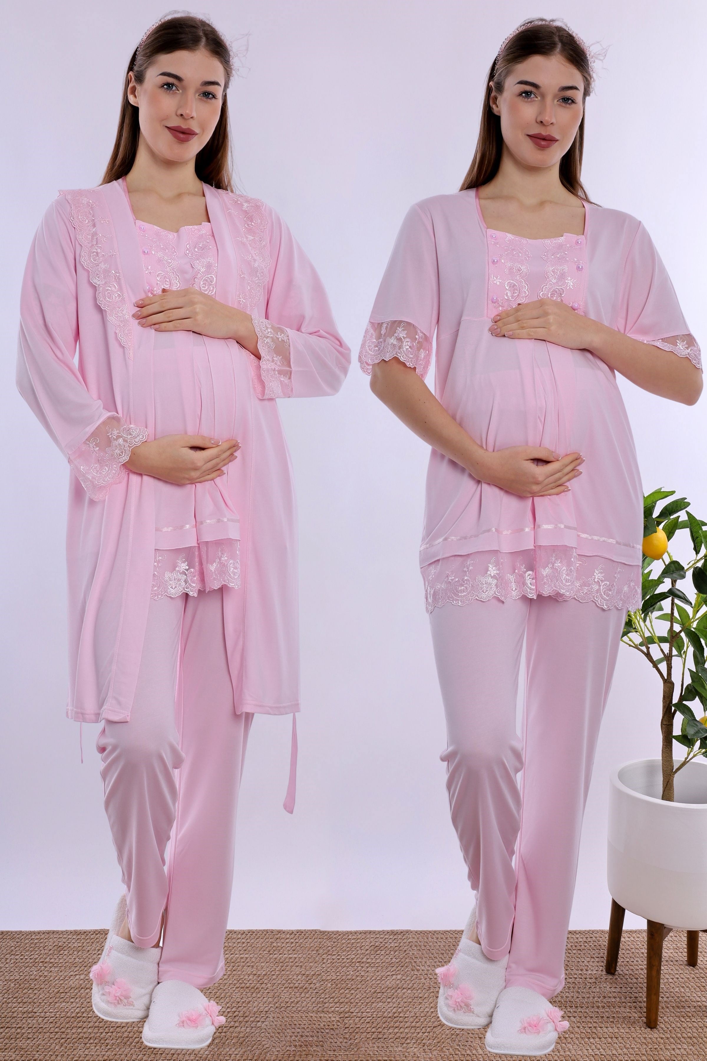 260342 Ayarlanabilir Bel Lastikli Sabahlıklı Hamile Lohusa Pijama Takımı  - Pembe