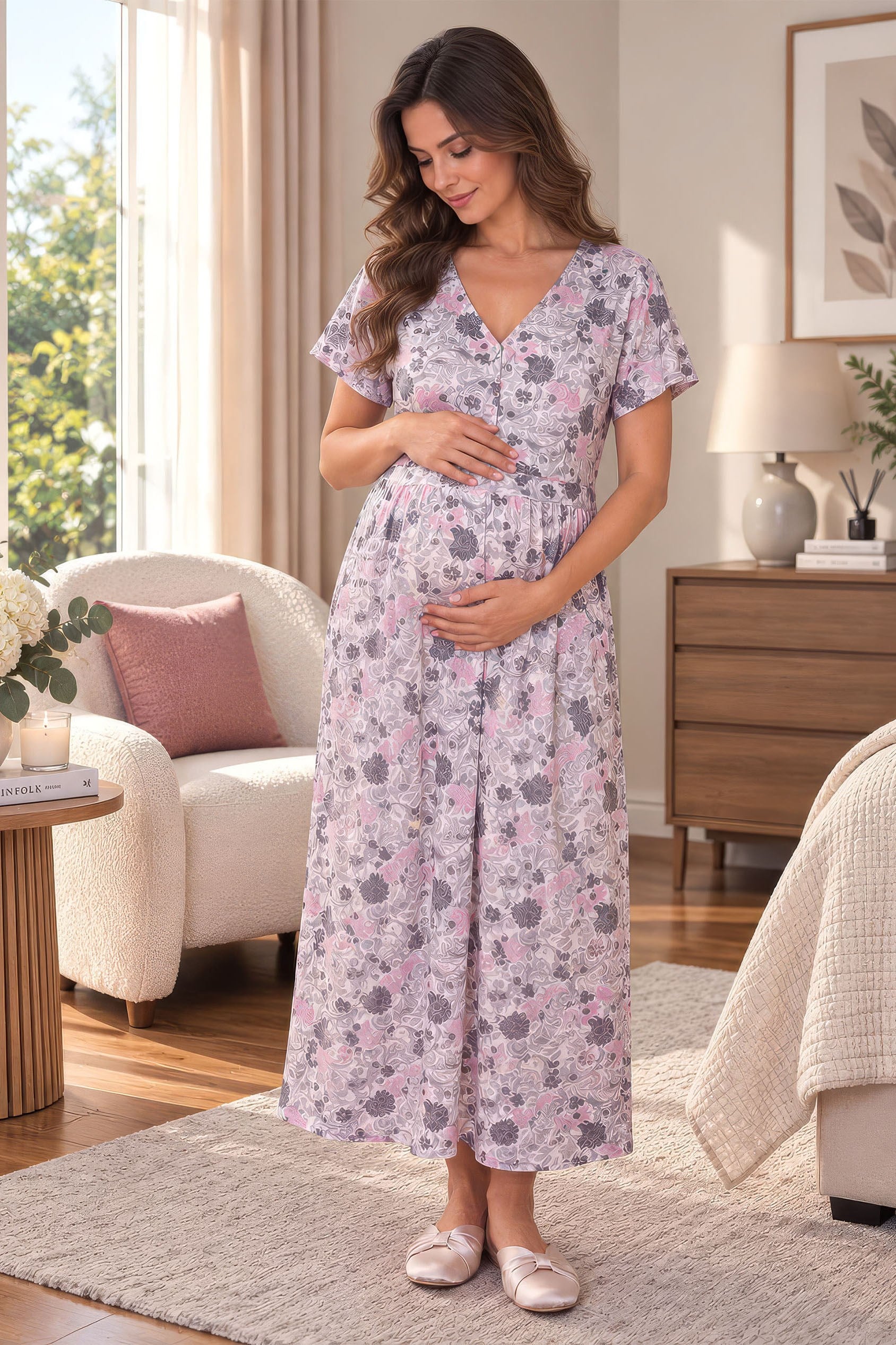 280732 Mor Çiçek Desenli V Yaka Uzun Hamile Elbisesi