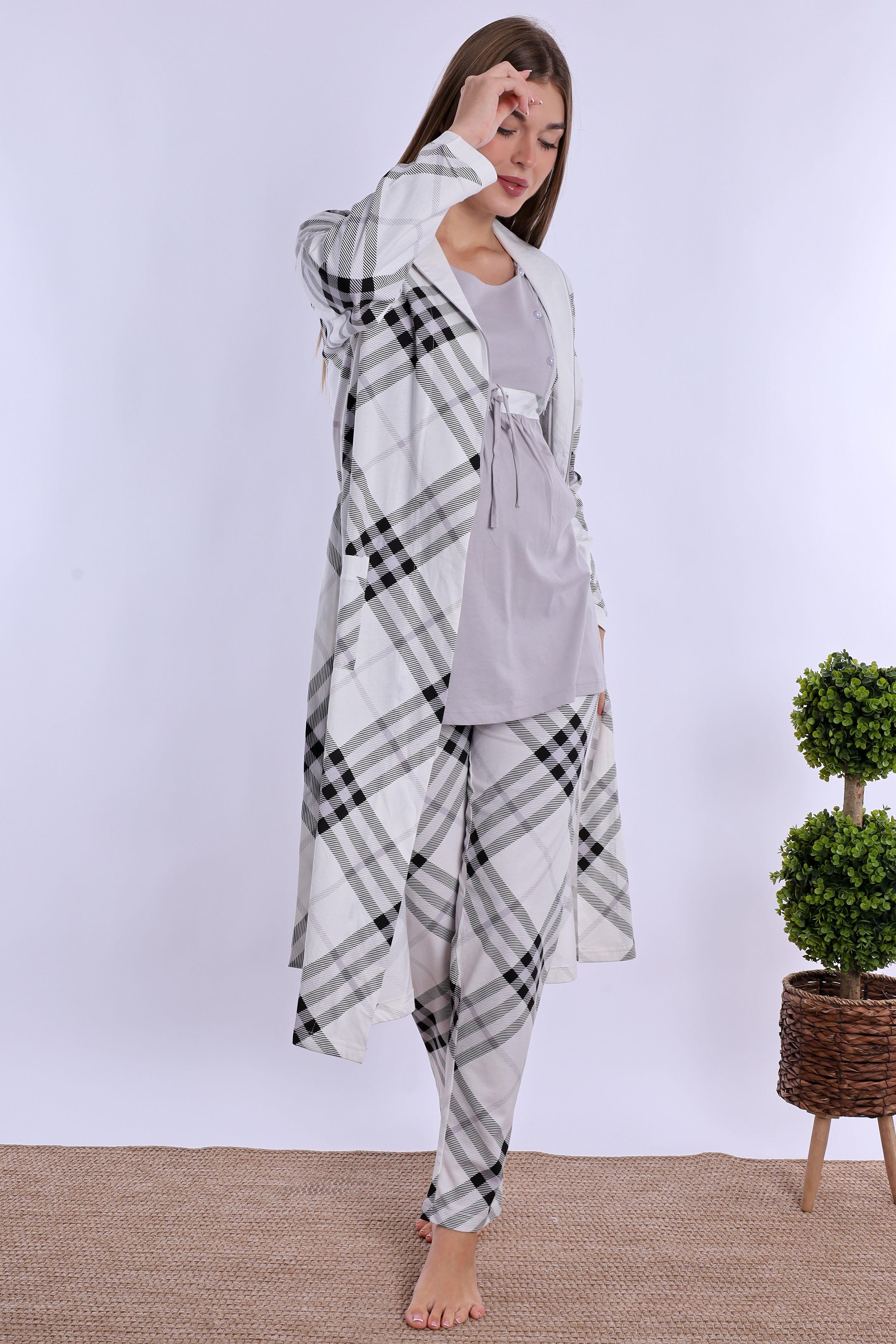 280842 Gri %100 Pamuk Sabahlıklı Hamile Lohusa Pijama Takımı