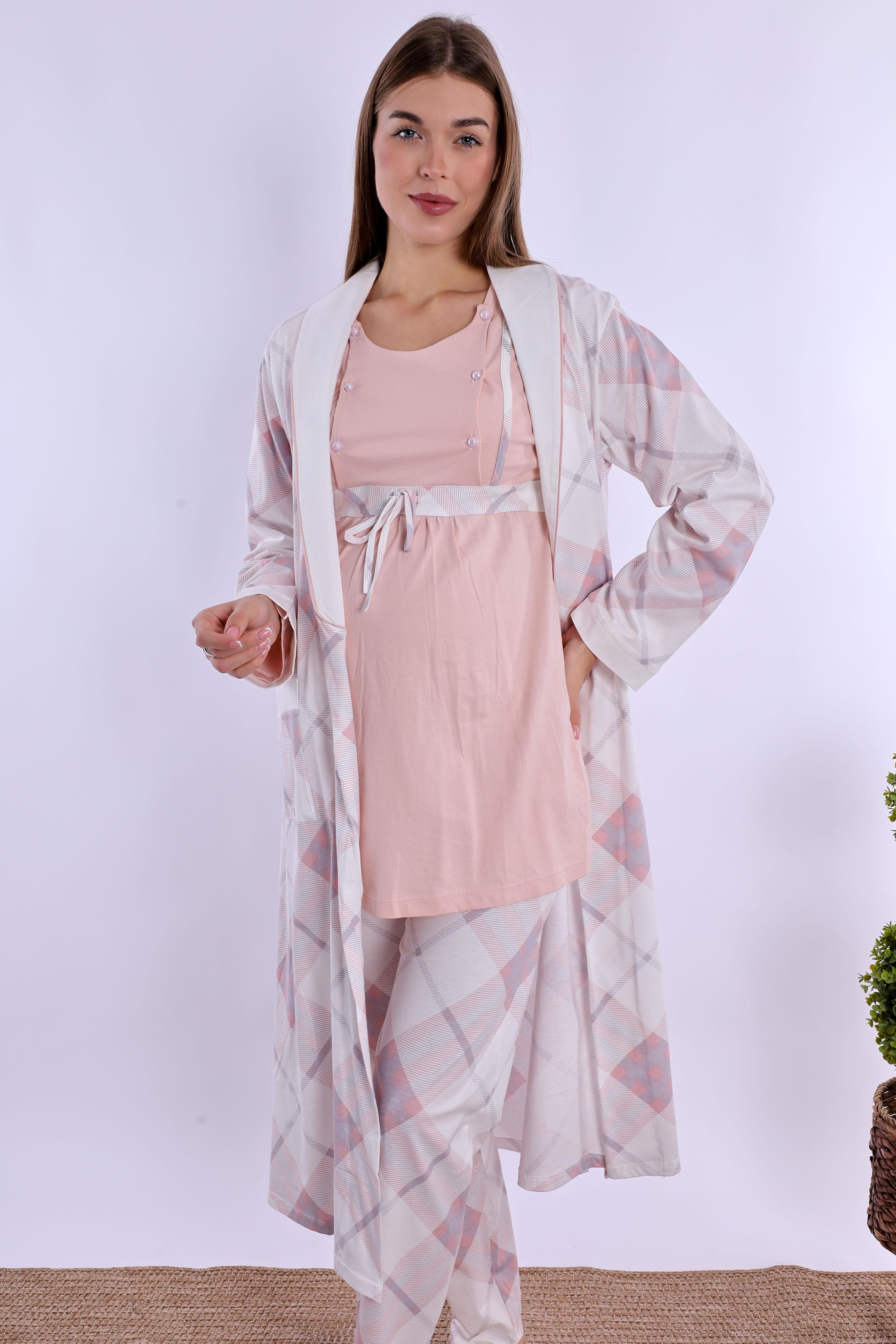 280842 Pudra %100 Pamuk Sabahlıklı Hamile Lohusa Pijama Takımı