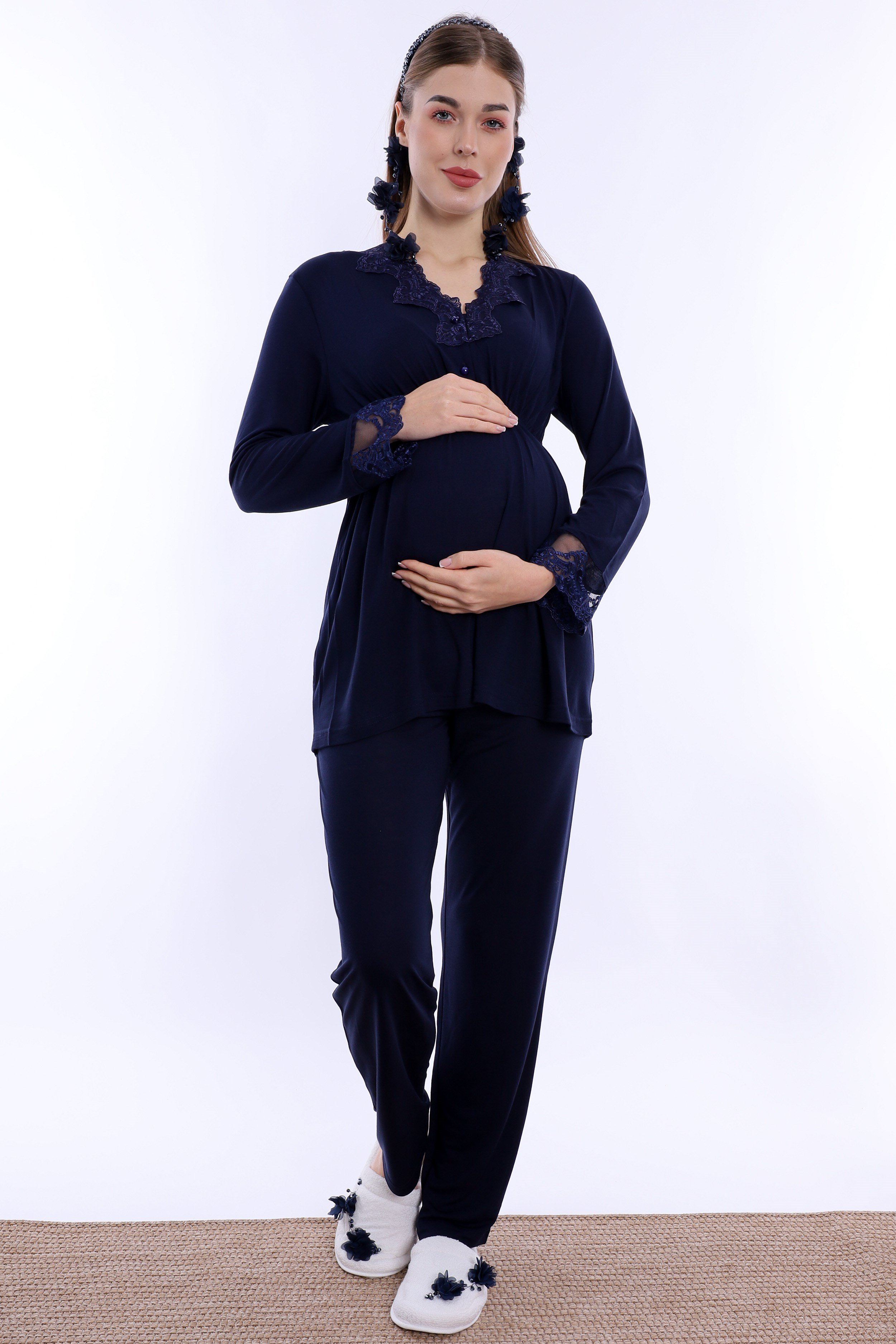 280922 Ayarlanabilir Bel Lastikli Pamuklu Hamile Pijama Takımı - Lacivert