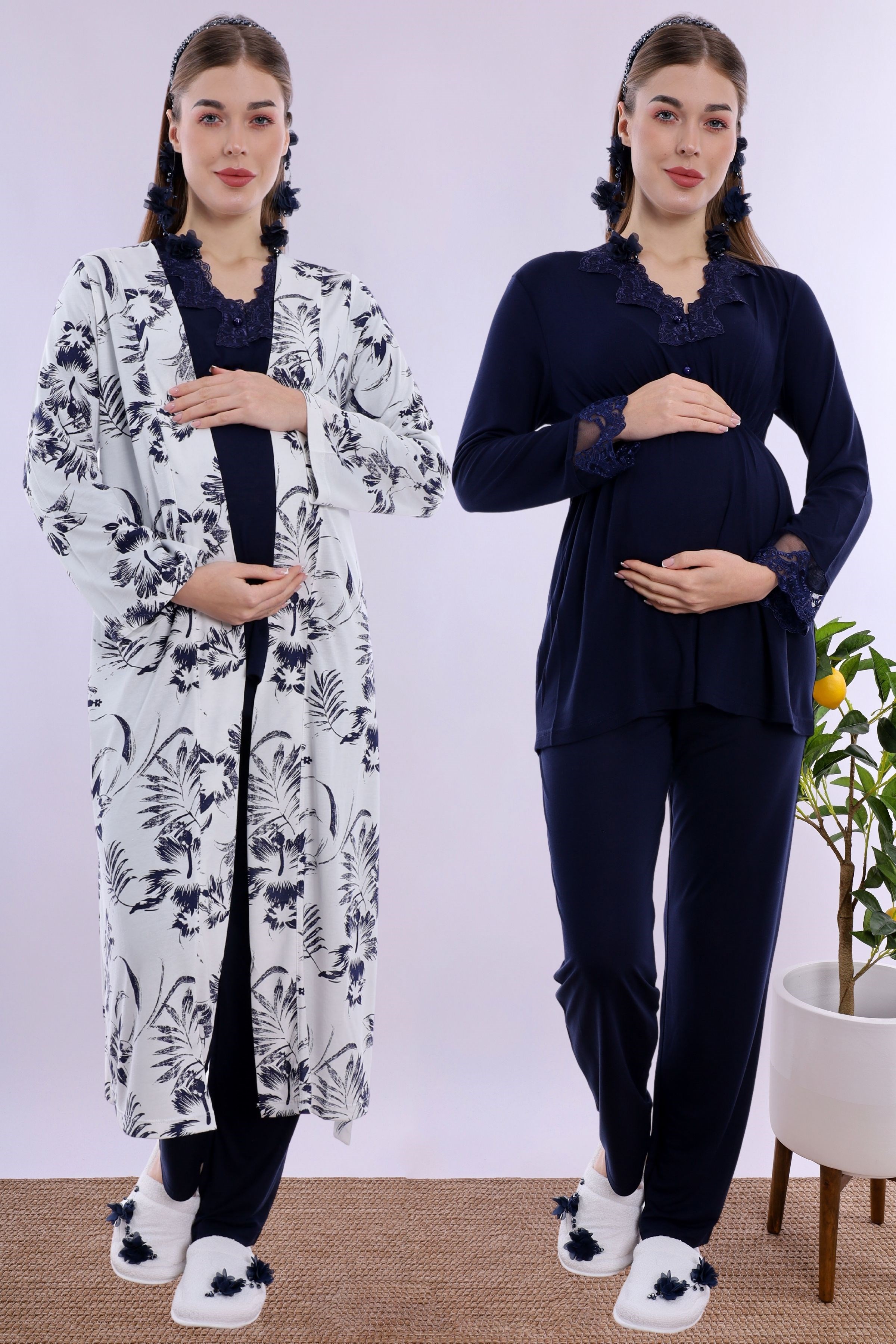 280942 Emzirme Özellikli Sabahlıklı Hamile Lohusa Pijama Takımı - Lacivert