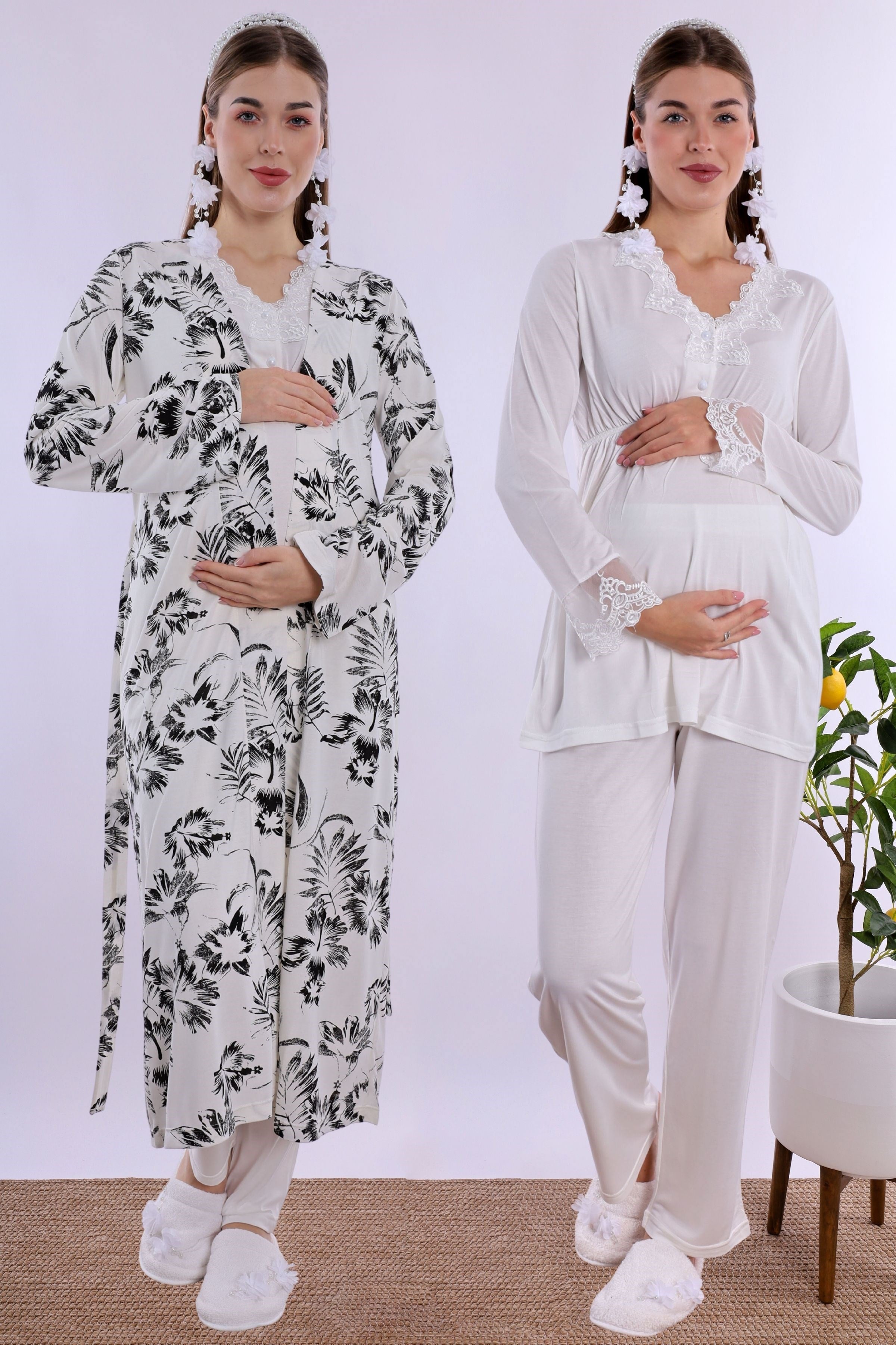 280942 Emzirme Özellikli Sabahlıklı Hamile Lohusa Pijama Takımı - Ekru