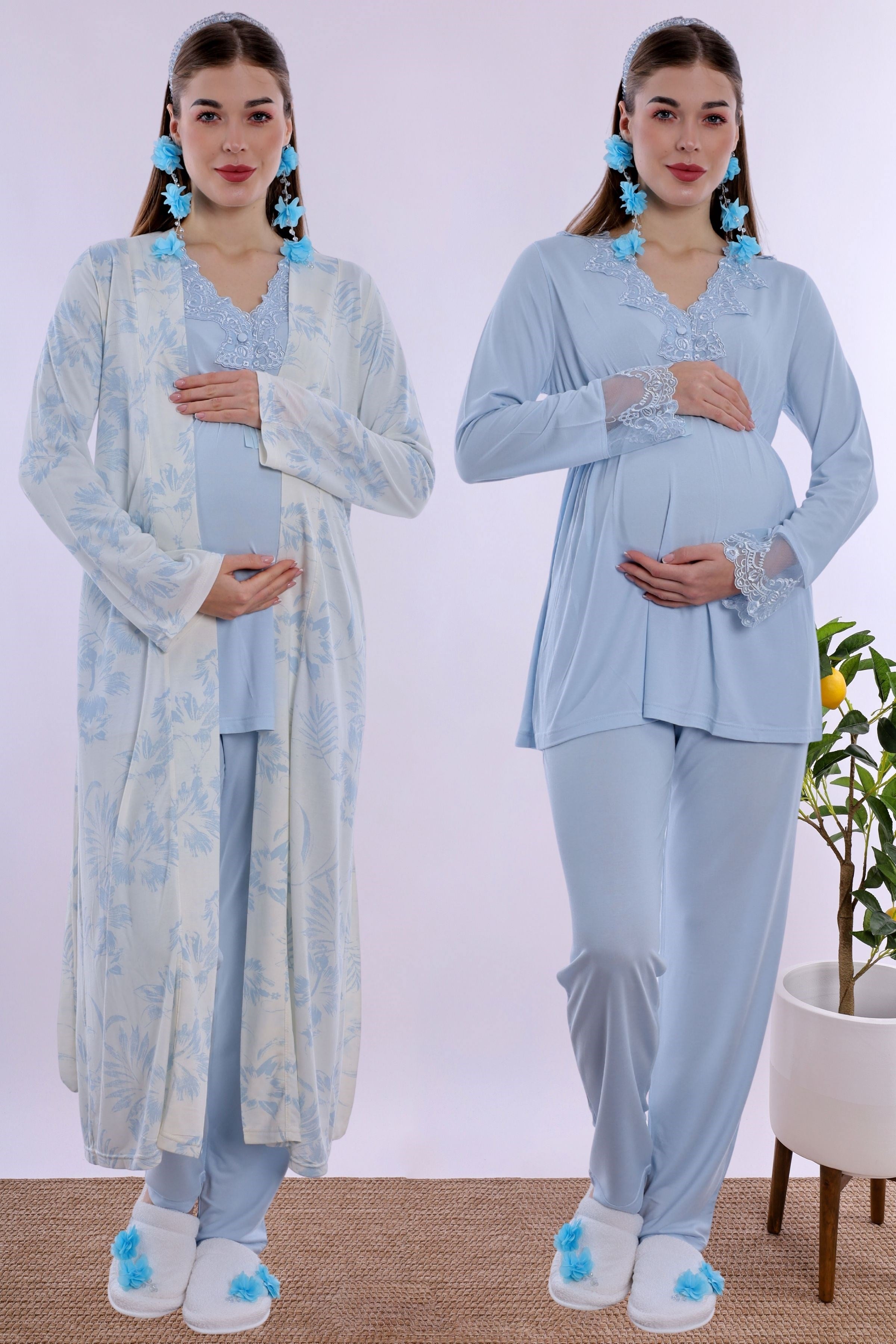 280942 Emzirme Özellikli Sabahlıklı Hamile Lohusa Pijama Takımı - Mavi