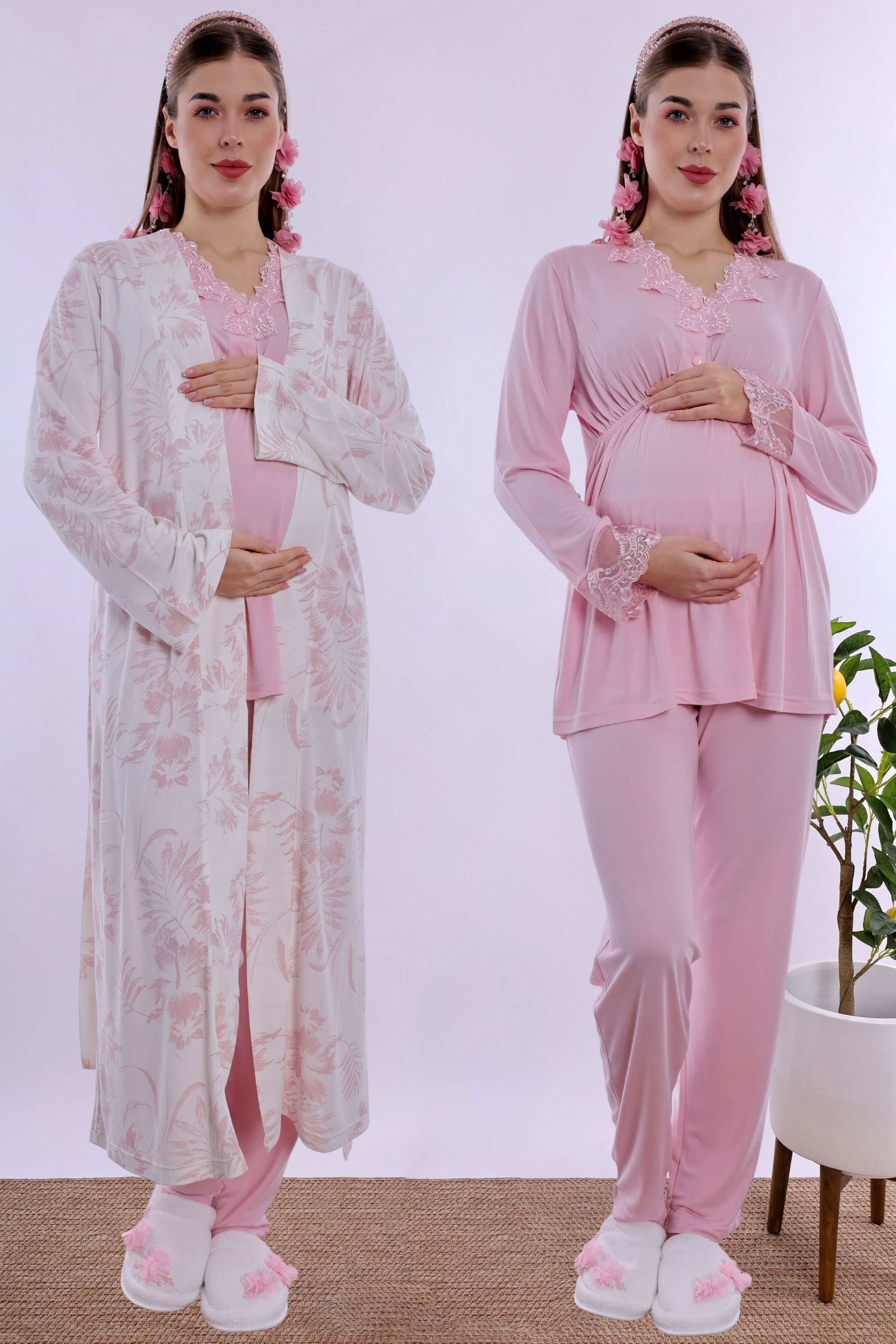 280942 Emzirme Özellikli Sabahlıklı Hamile Lohusa Pijama Takımı - Pudra
