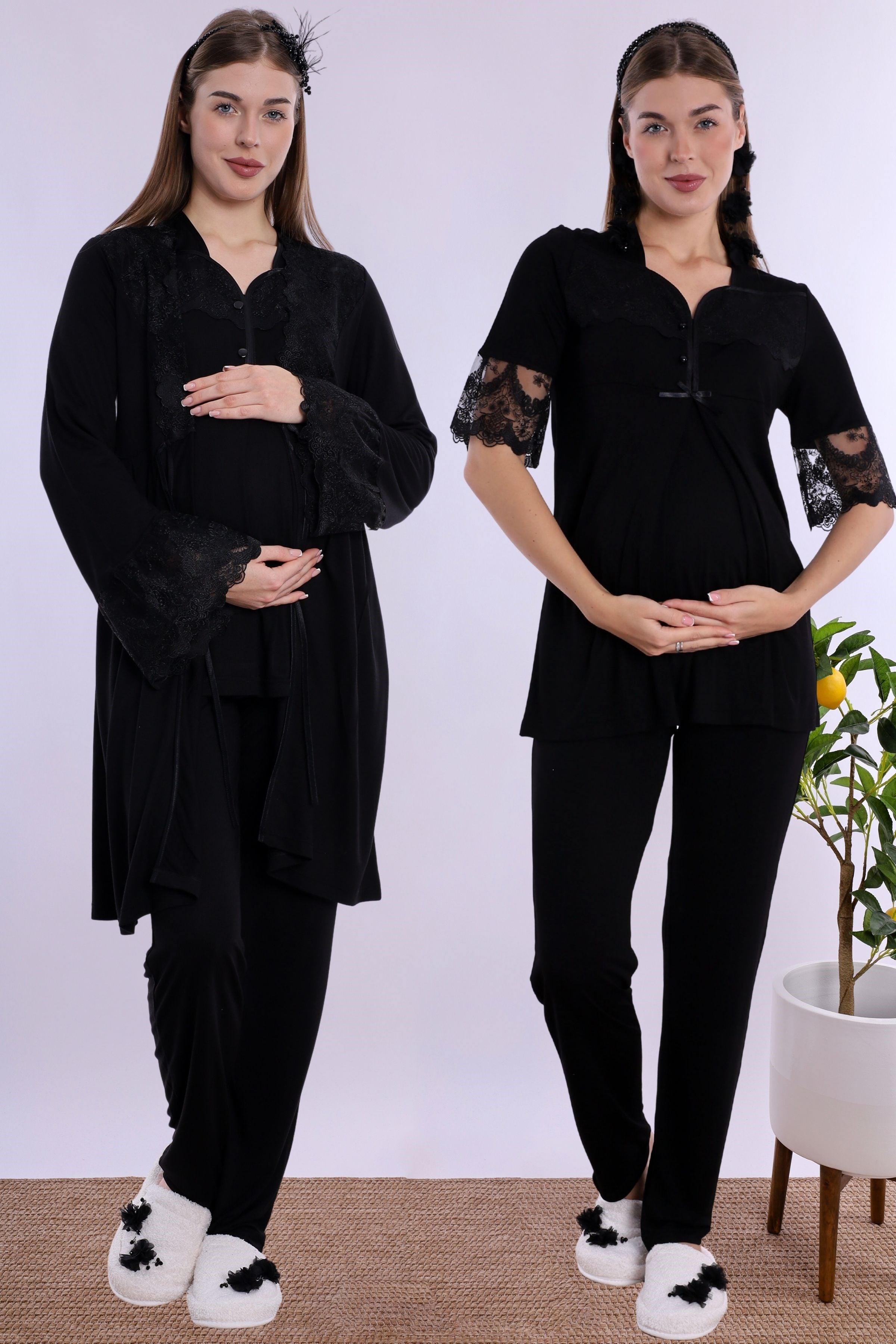 290142 Pamuklu Hamile Lohusa Pijama ve Sabahlık Takımı  - Siyah