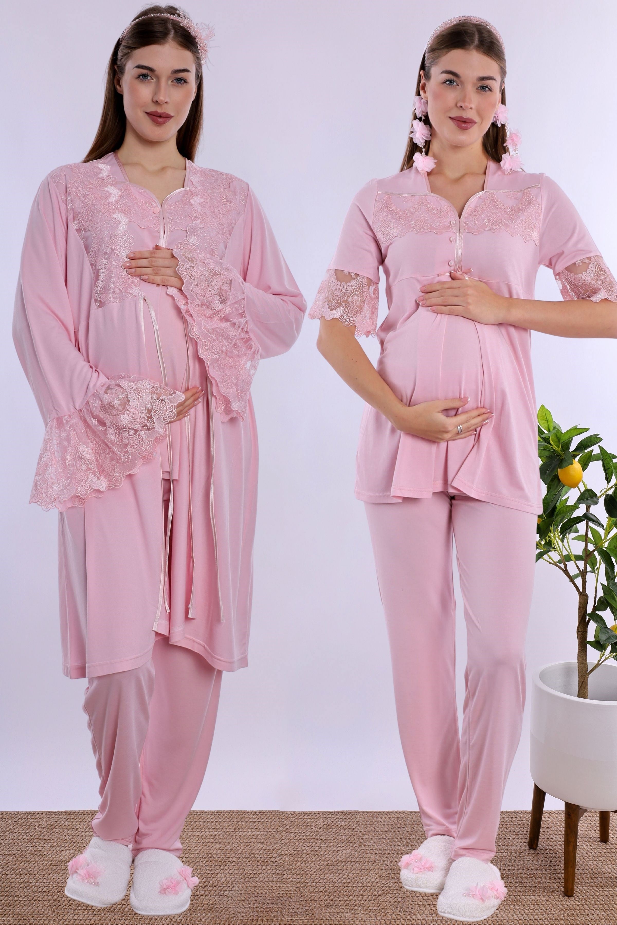 290142 Pamuklu Hamile Lohusa Pijama ve Sabahlık Takımı  - Pembe