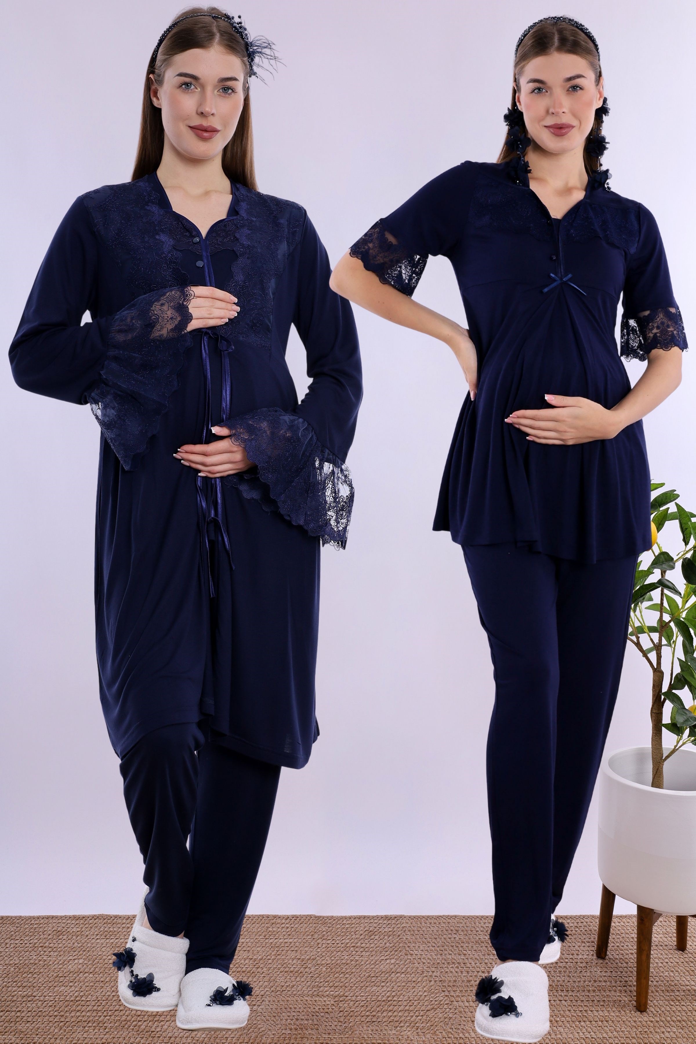 290142 Pamuklu Hamile Lohusa Pijama ve Sabahlık Takımı  - Lacivert
