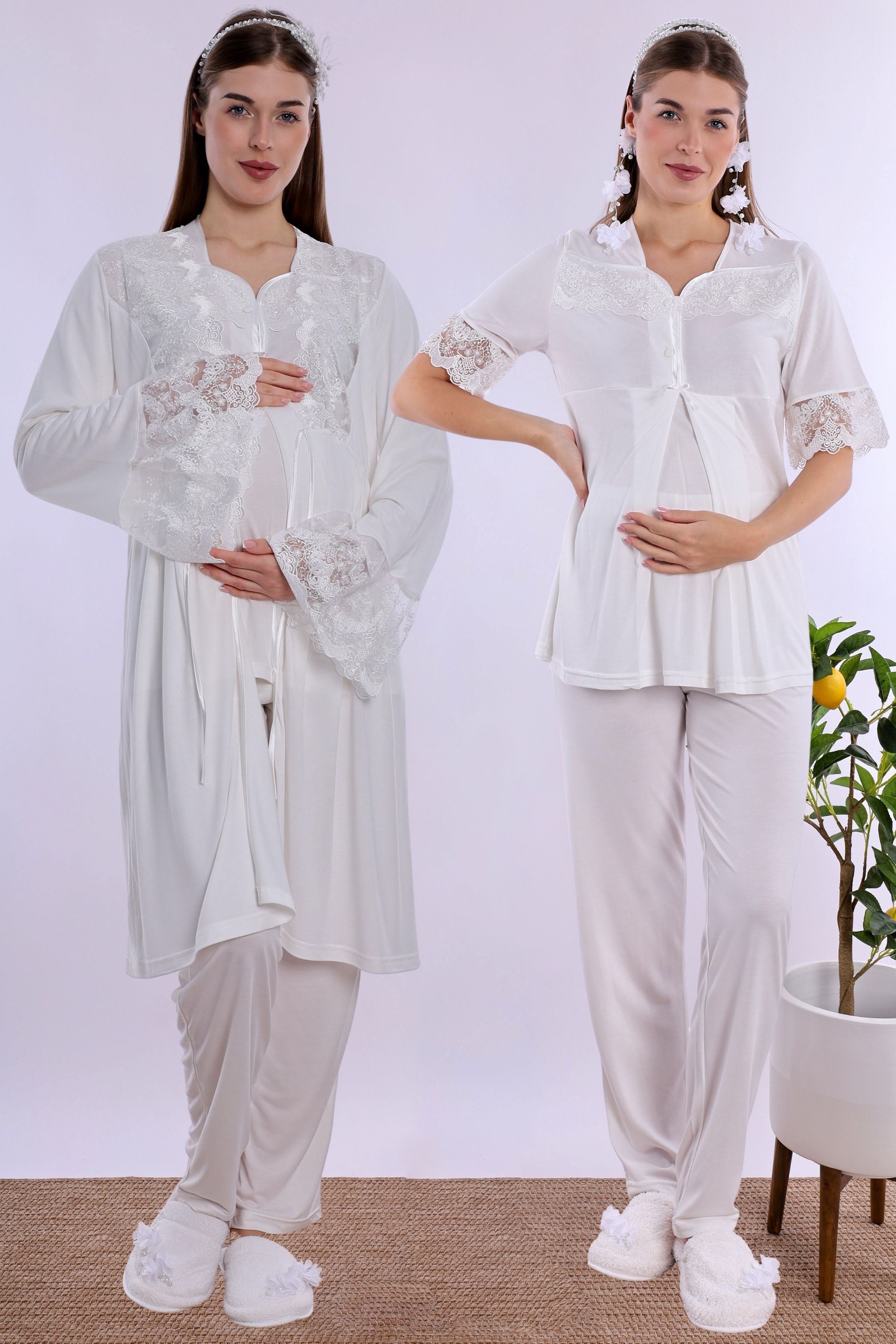 290142 Pamuklu Hamile Lohusa Pijama ve Sabahlık Takımı  - Ekru