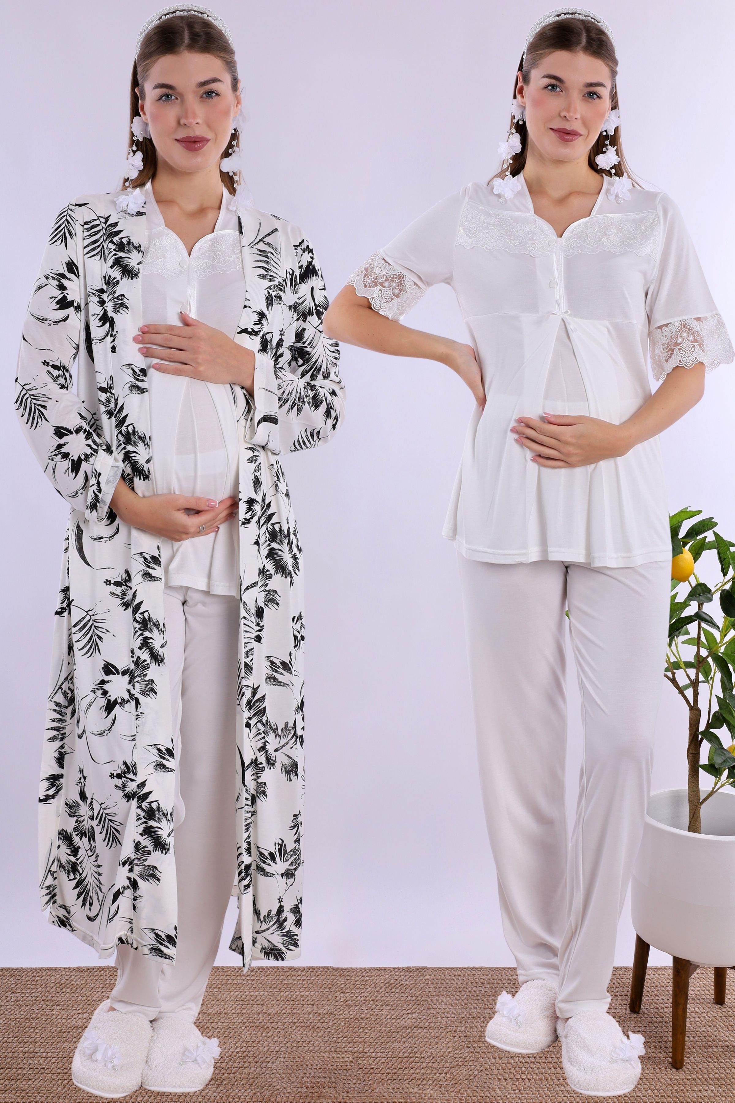 290182 Ekru Sabahlıklı Hamile Lohusa Pijama Takımı