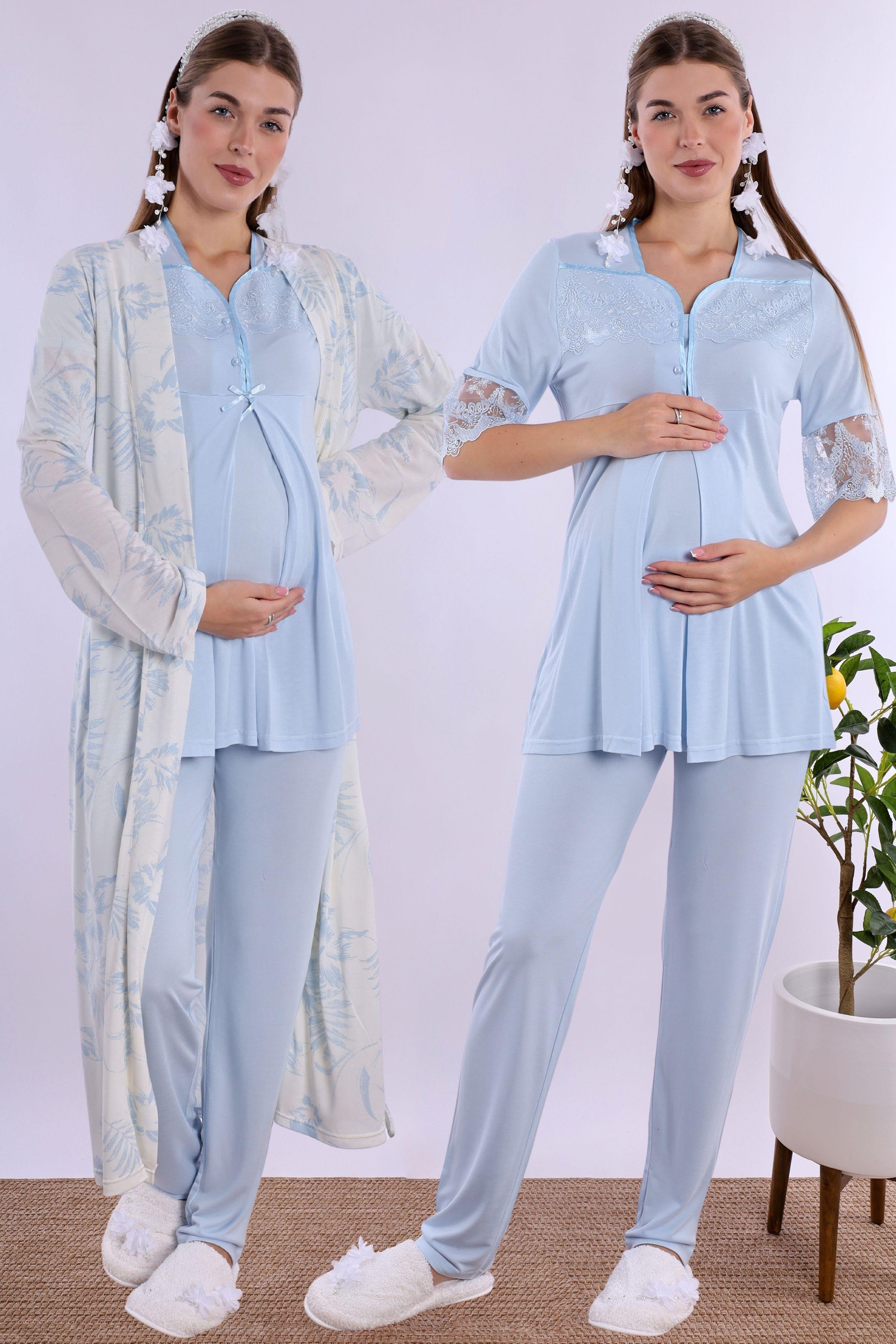 290182 Mavi Sabahlıklı Hamile Lohusa Pijama Takımı