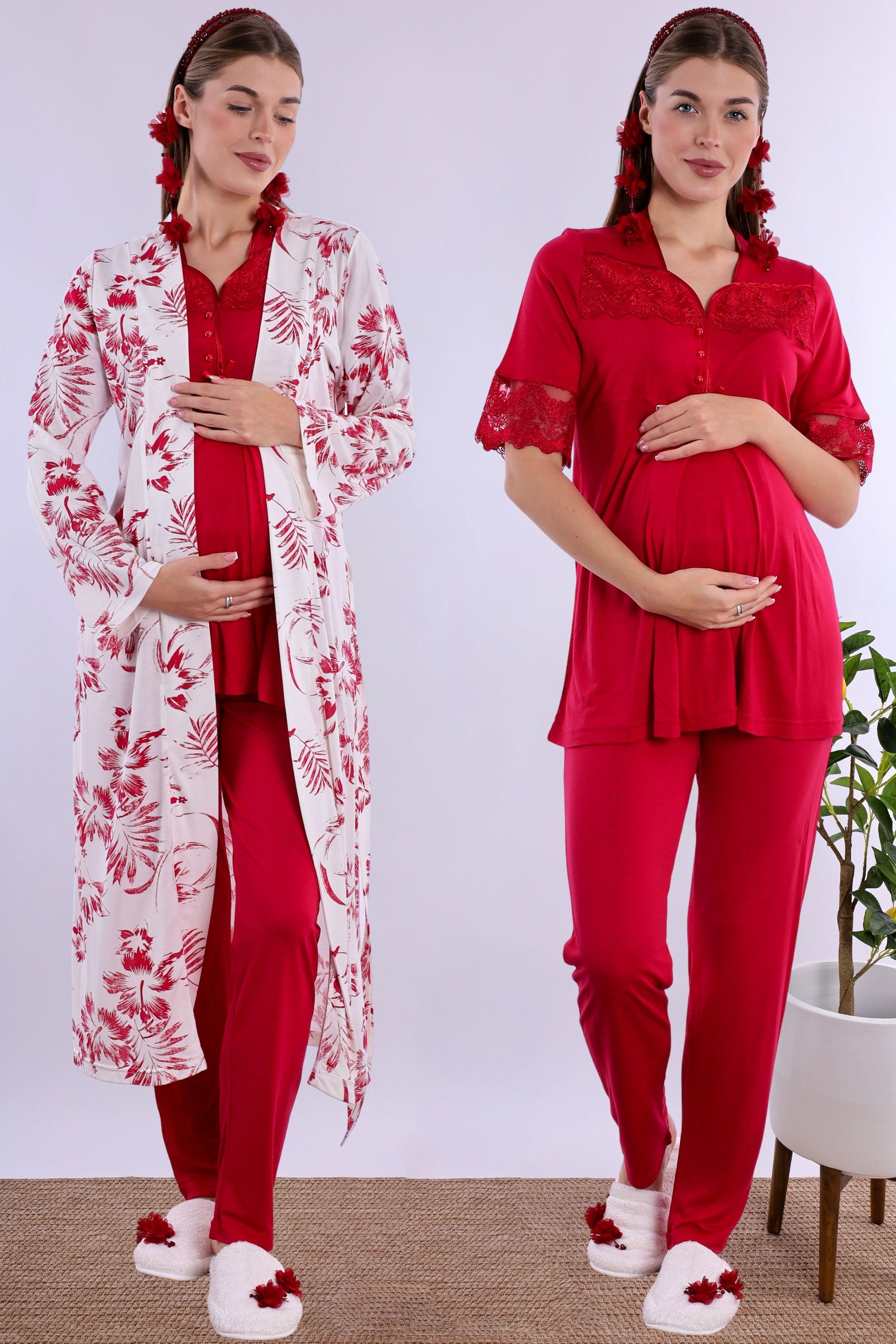 290182 Vişne Sabahlıklı Hamile Lohusa Pijama Takımı