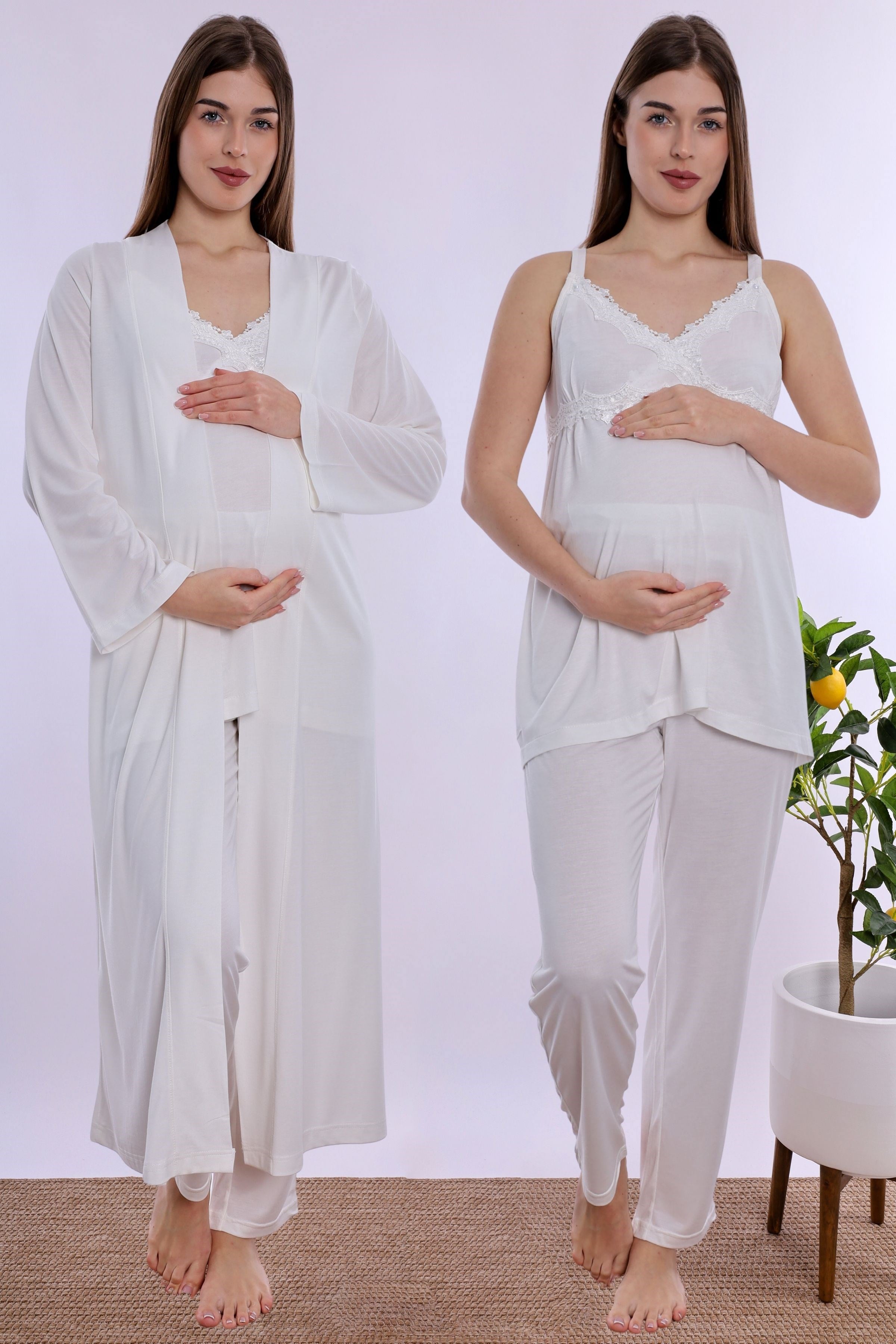 290382 Pamuklu Sabahlıklı Hamile Lohusa Emzirme Pijama Takımı Ayarlanabilir Bel Lastikli  - Ekru