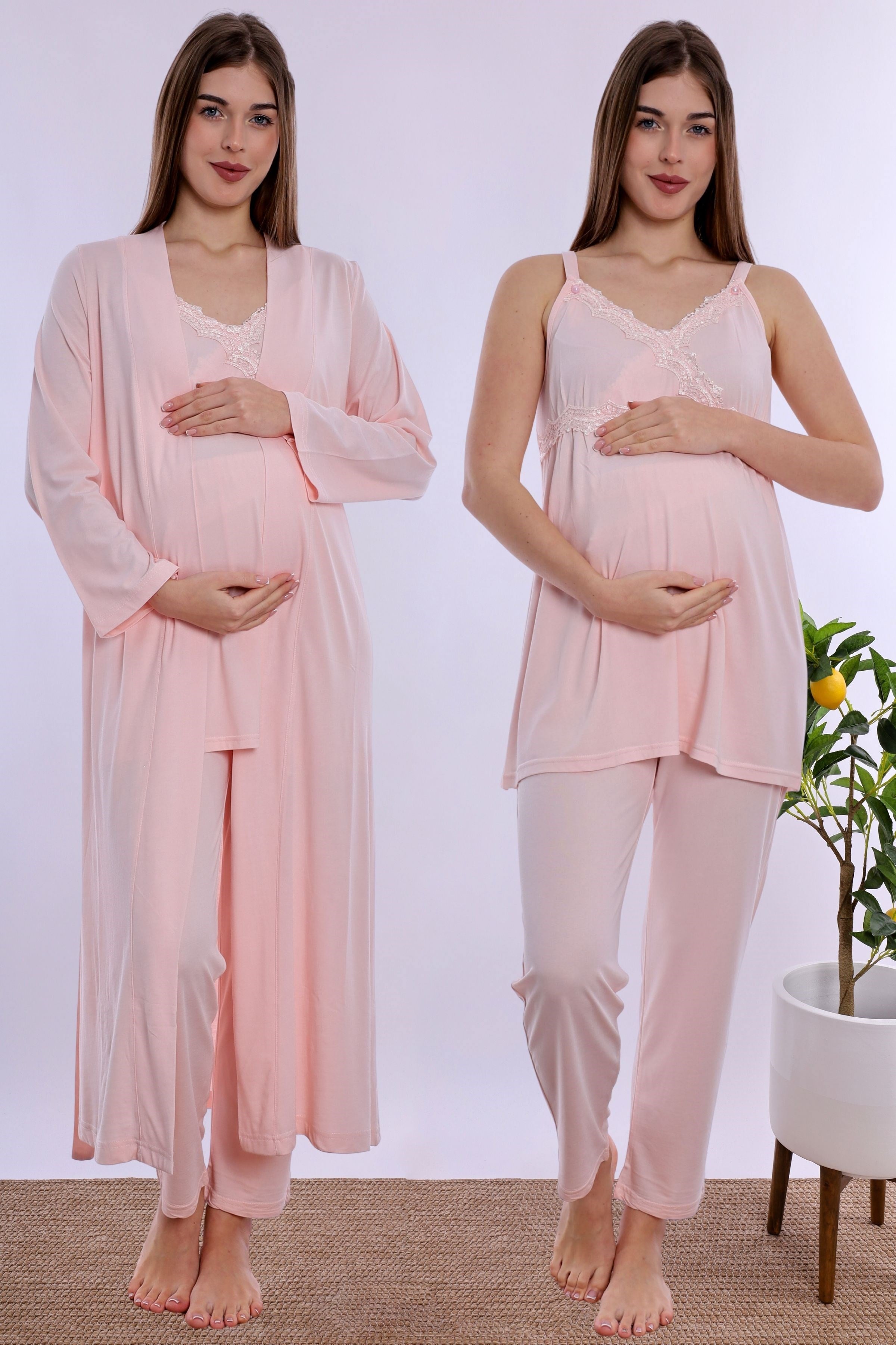 290382 Pamuklu Sabahlıklı Hamile Lohusa Emzirme Pijama Takımı Ayarlanabilir Bel Lastikli  - Pudra