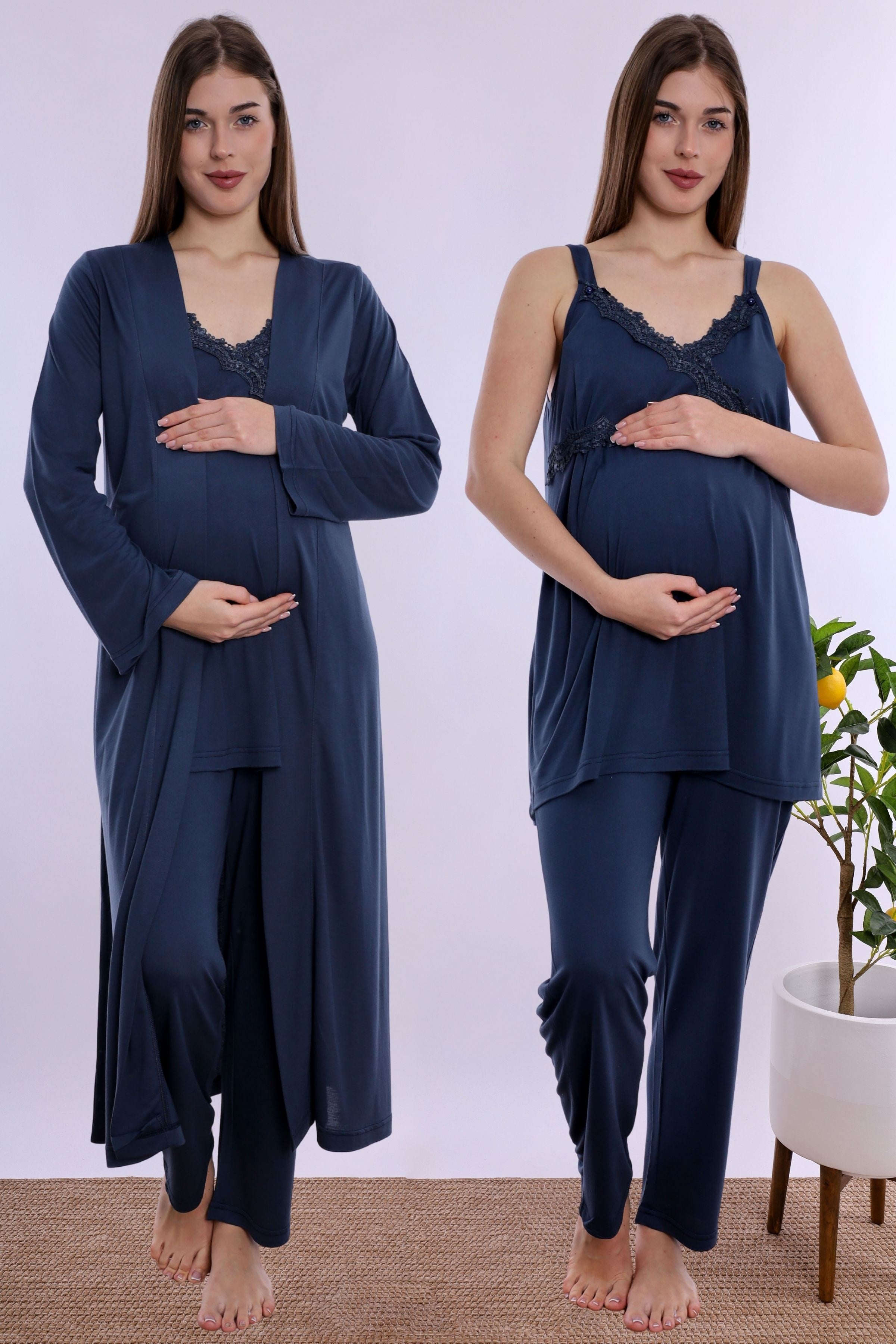 290382 Pamuklu Sabahlıklı Hamile Lohusa Emzirme Pijama Takımı Ayarlanabilir Bel Lastikli  - Lacivert