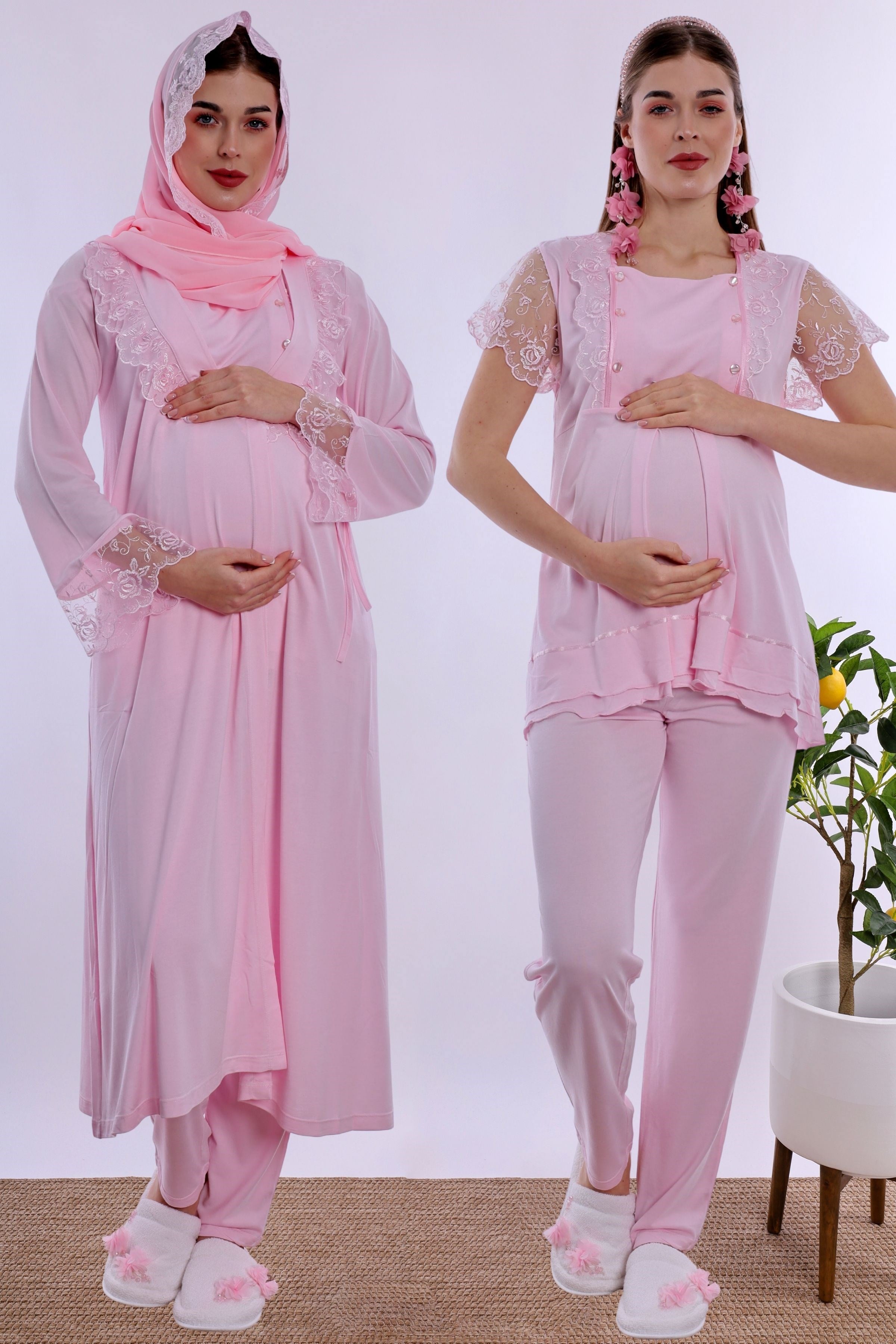 2T20542 Tesettürlü Ayarlanabilir Bel Lastikli Sabahlıklı Hamile Lohusa Pijama Takımı  - Pembe