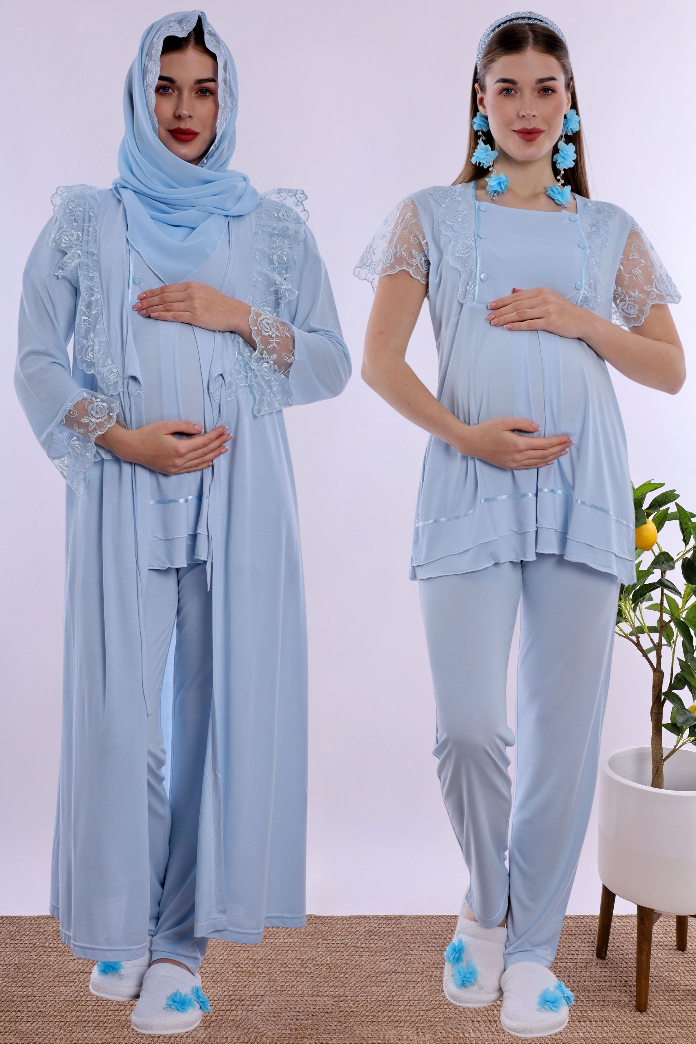 2T20542 Tesettürlü Ayarlanabilir Bel Lastikli Sabahlıklı Hamile Lohusa Pijama Takımı  - Mavi