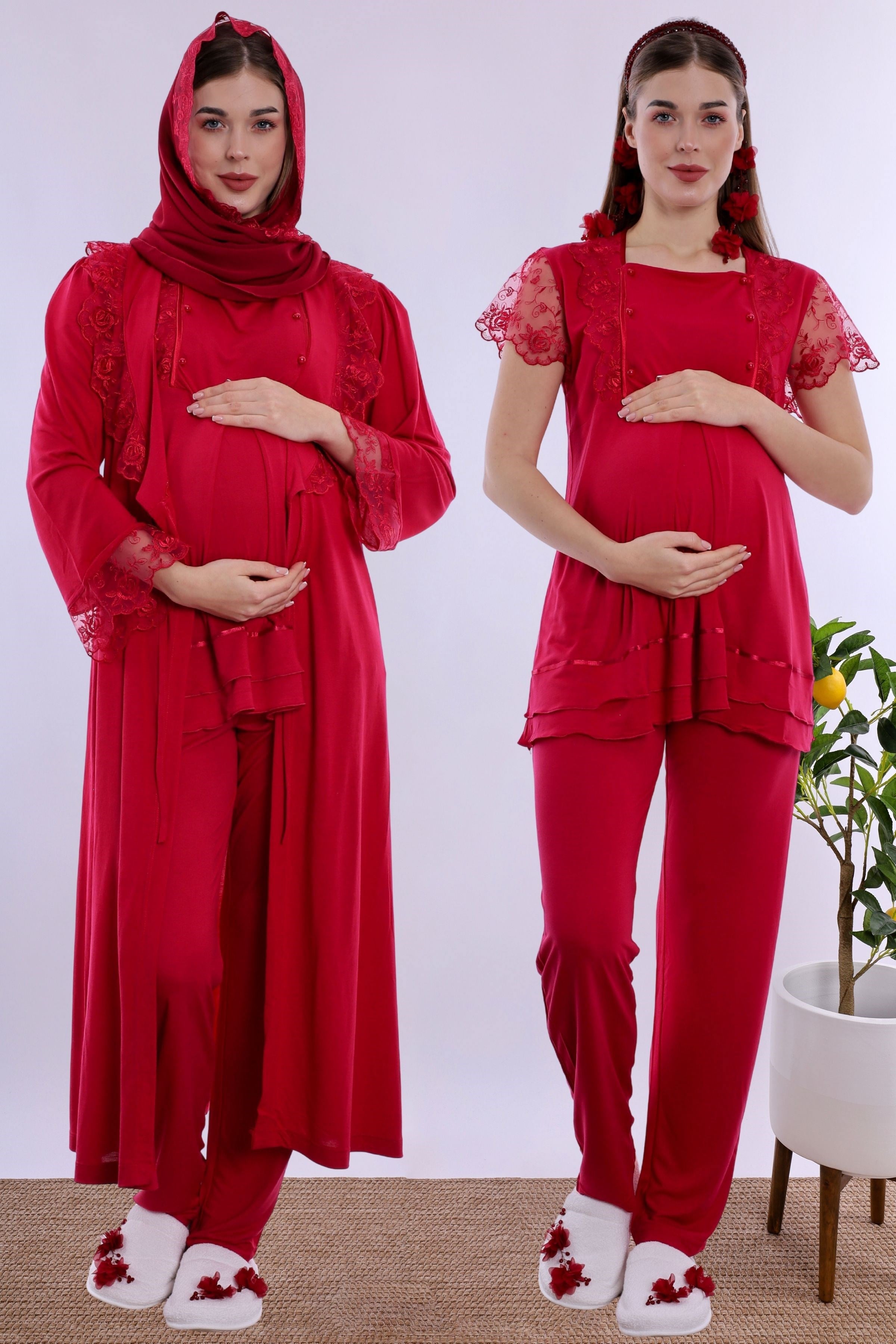 2T20542 Tesettürlü Ayarlanabilir Bel Lastikli Sabahlıklı Hamile Lohusa Pijama Takımı  - Vişne