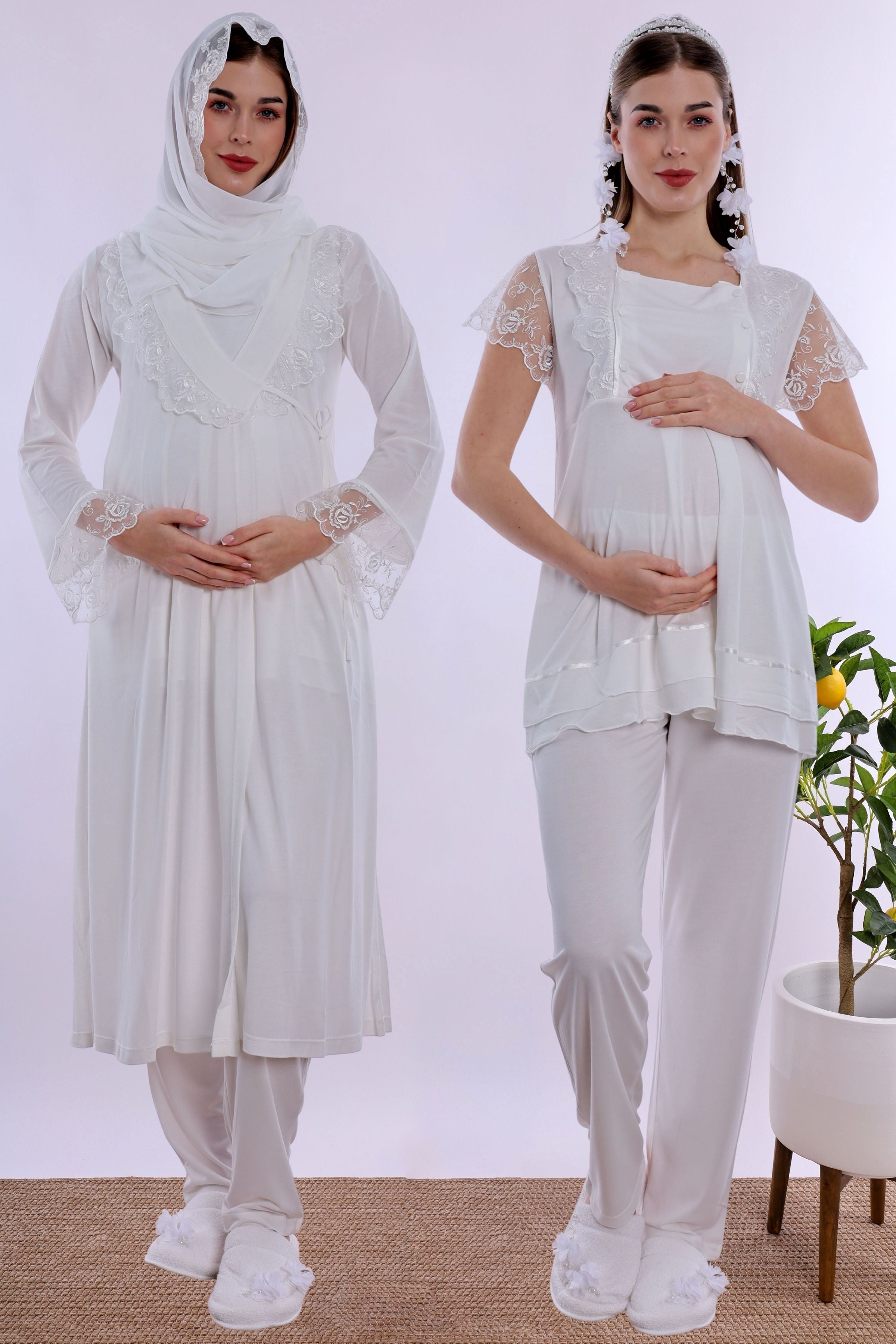 2T20542 Tesettürlü Ayarlanabilir Bel Lastikli Sabahlıklı Hamile Lohusa Pijama Takımı  - Ekru