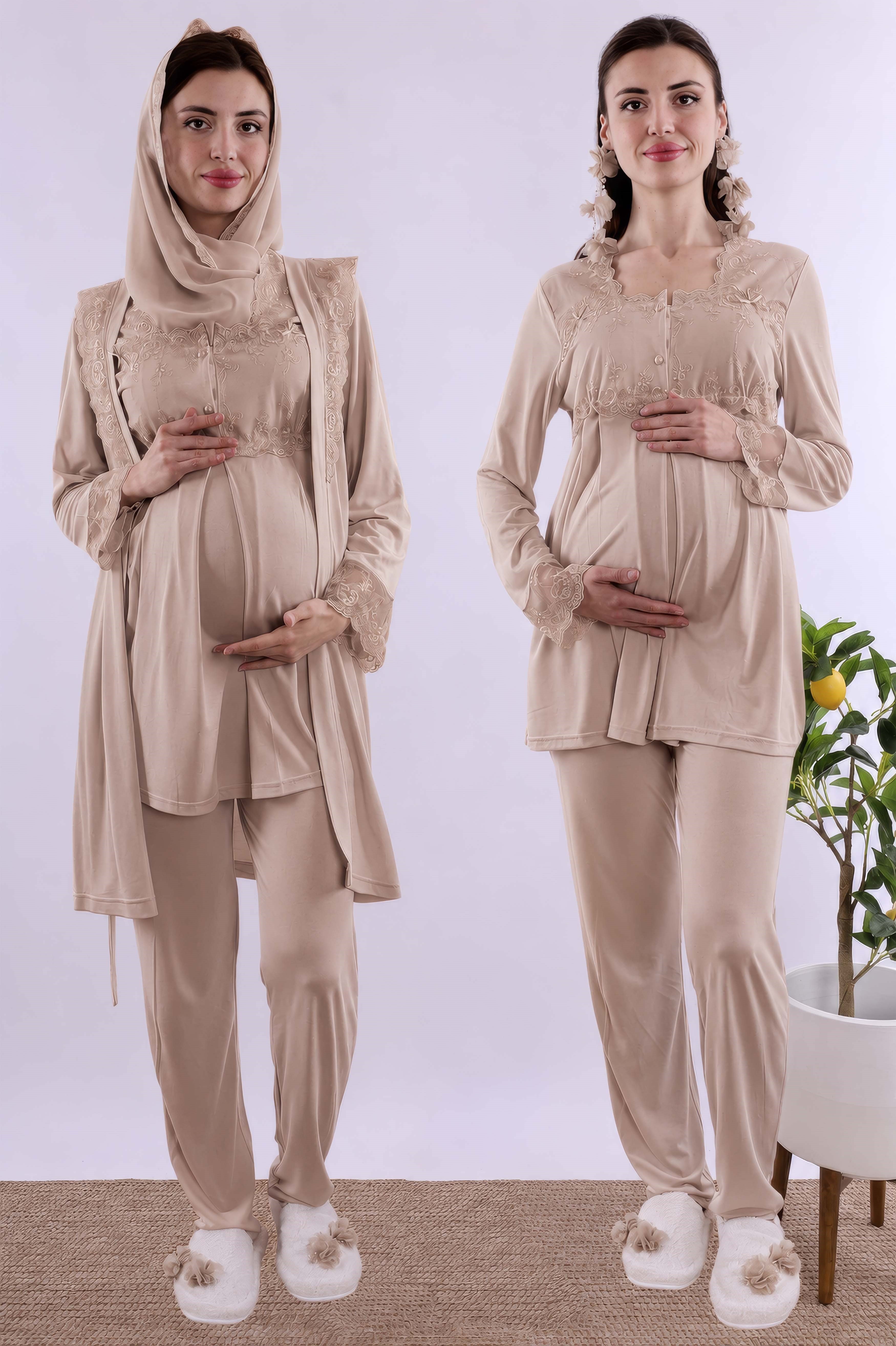 2T24012 Bej Tesettürlü Sabahlıklı Hamile Lohusa Pijama Takımı