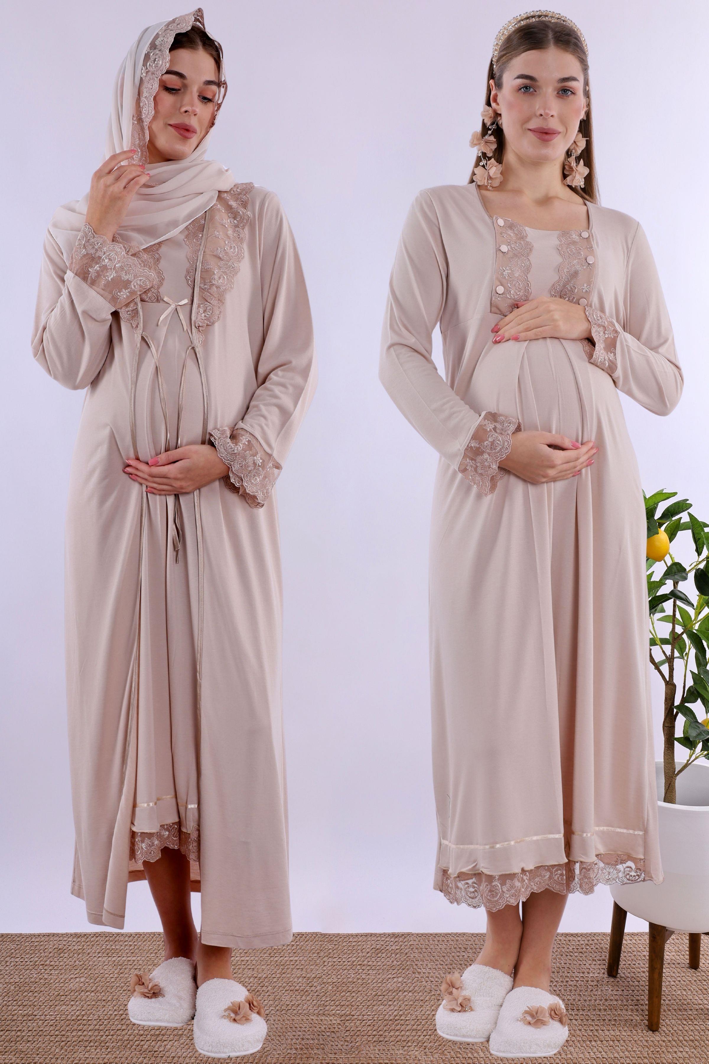 2T30412 Bej Tesettürlü Sabahlıklı Hamile Lohusa Gecelik Takım