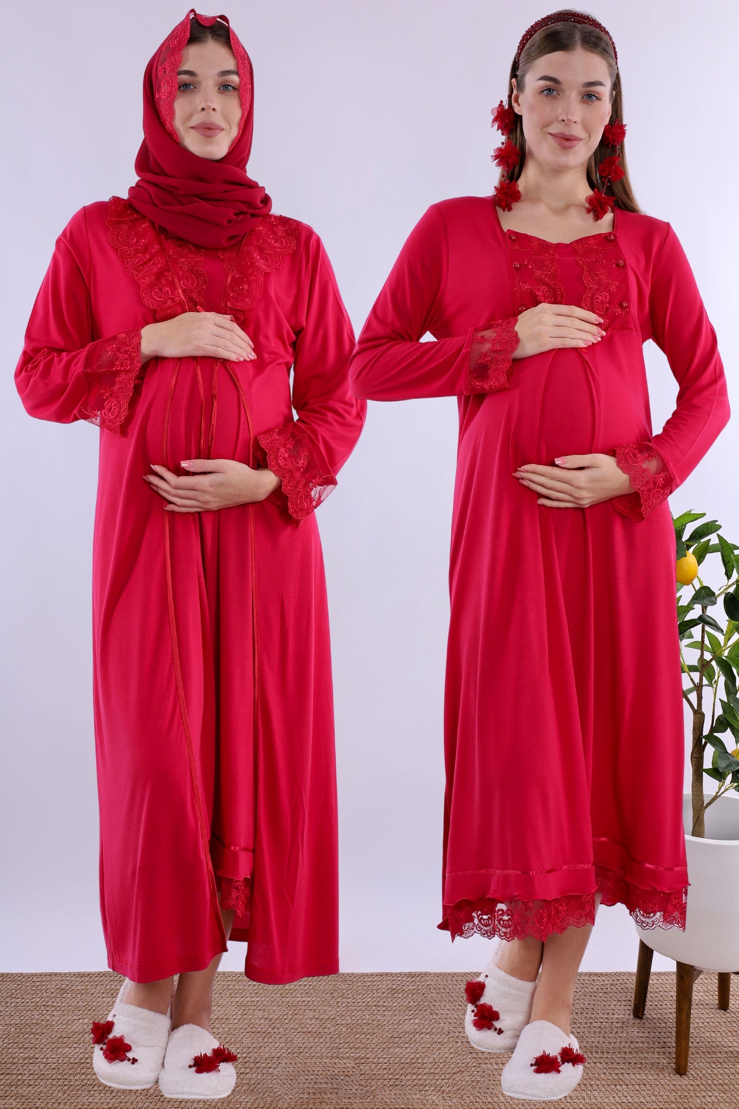 2T30412 Vişne Tesettürlü Sabahlıklı Hamile Lohusa Gecelik Takım