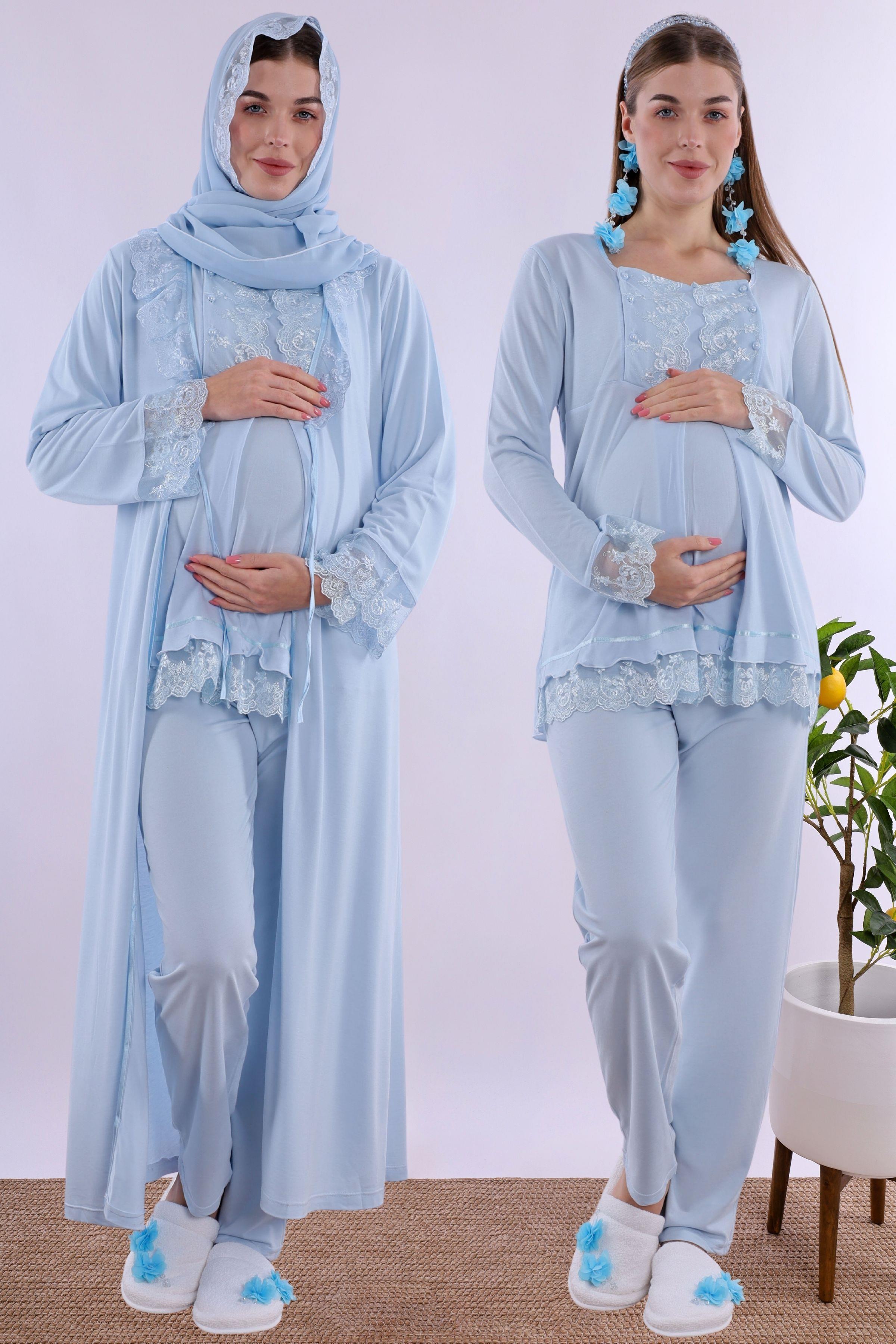 2T30472 Mavi Tesettürlü Uzun Sabahlıklı Hamile Lohusa Pijama Takımı