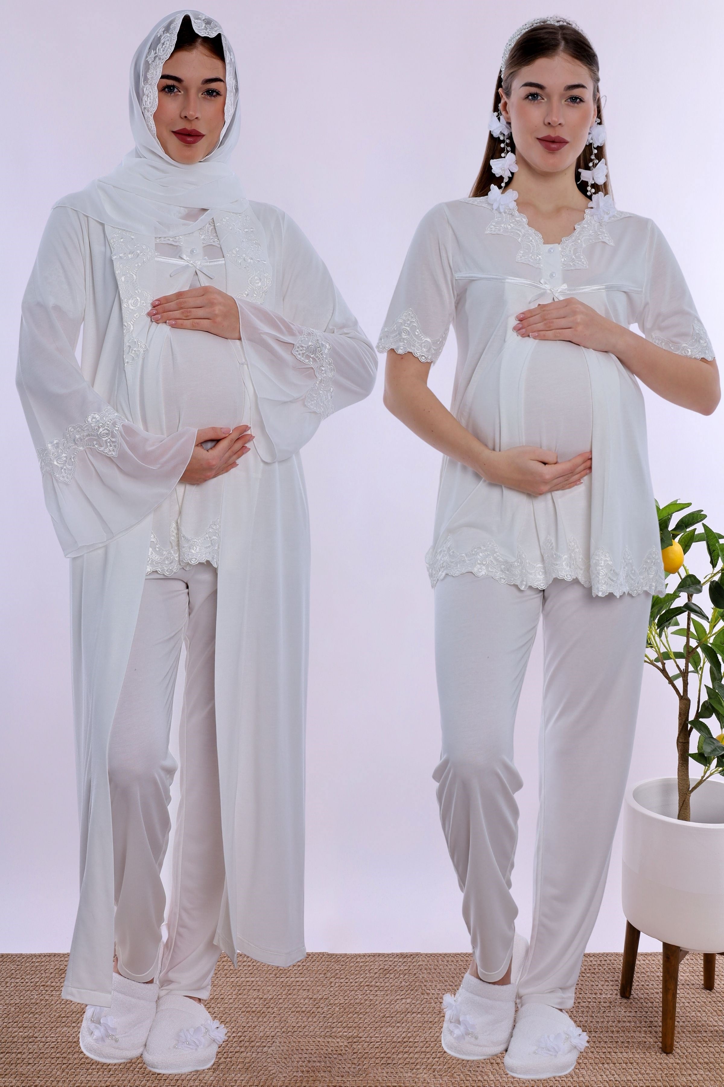 2T50342 Tesettürlü Pamuklu Uzun Sabahlıklı Hamile Lohusa Emzirme Pijama Takımı  - Ekru