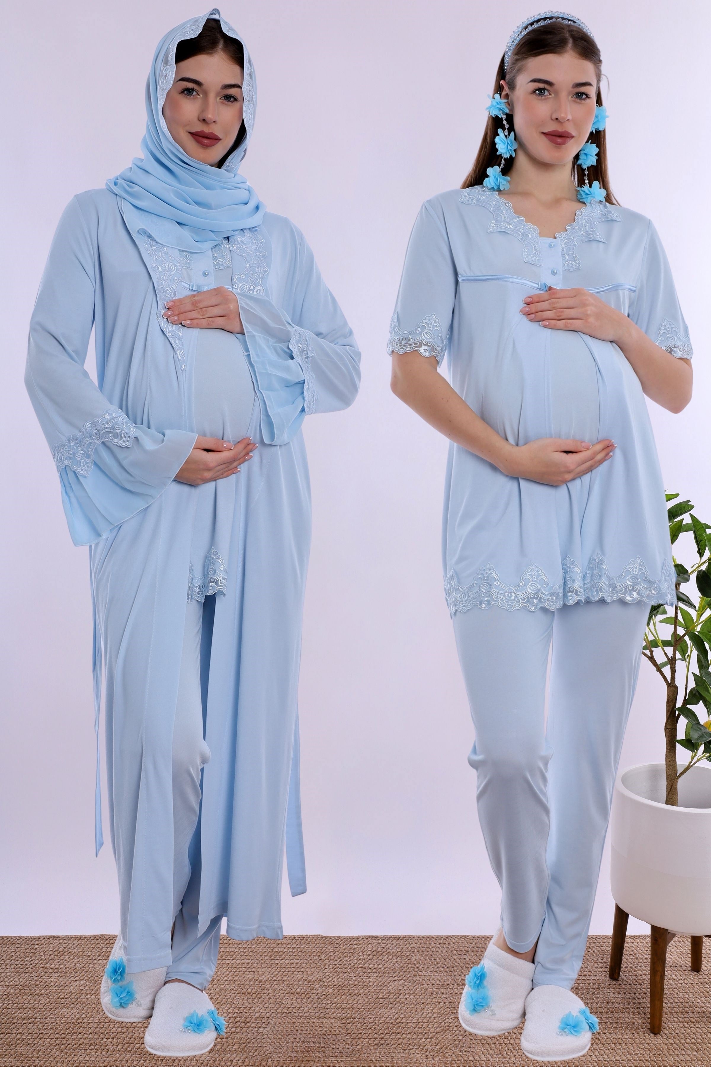 2T50342 Tesettürlü Pamuklu Uzun Sabahlıklı Hamile Lohusa Emzirme Pijama Takımı  - Mavi
